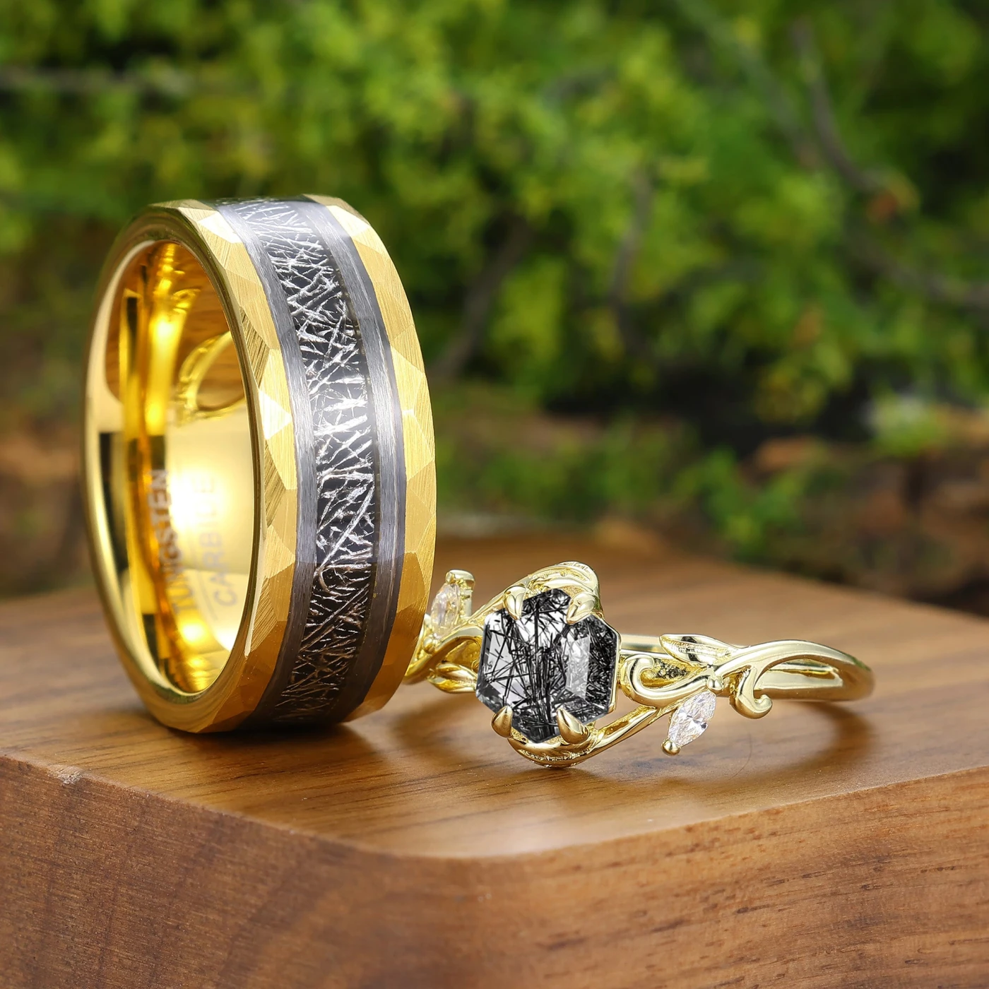 Natural Black Rutilated Quartz Sprig Design Couple Rings Matching