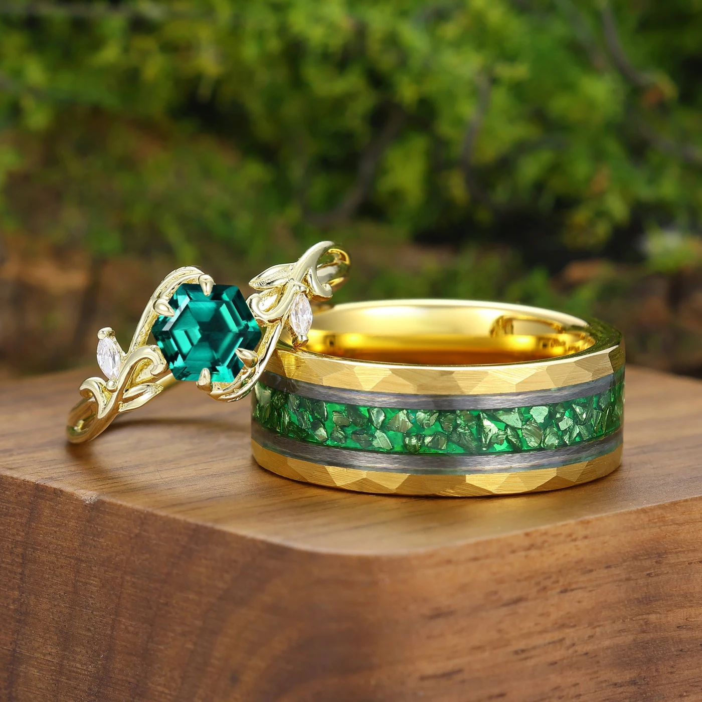 Green Emerald Leaf Branch Matching Ring For Men And Women 2pcs Couple Ring Set