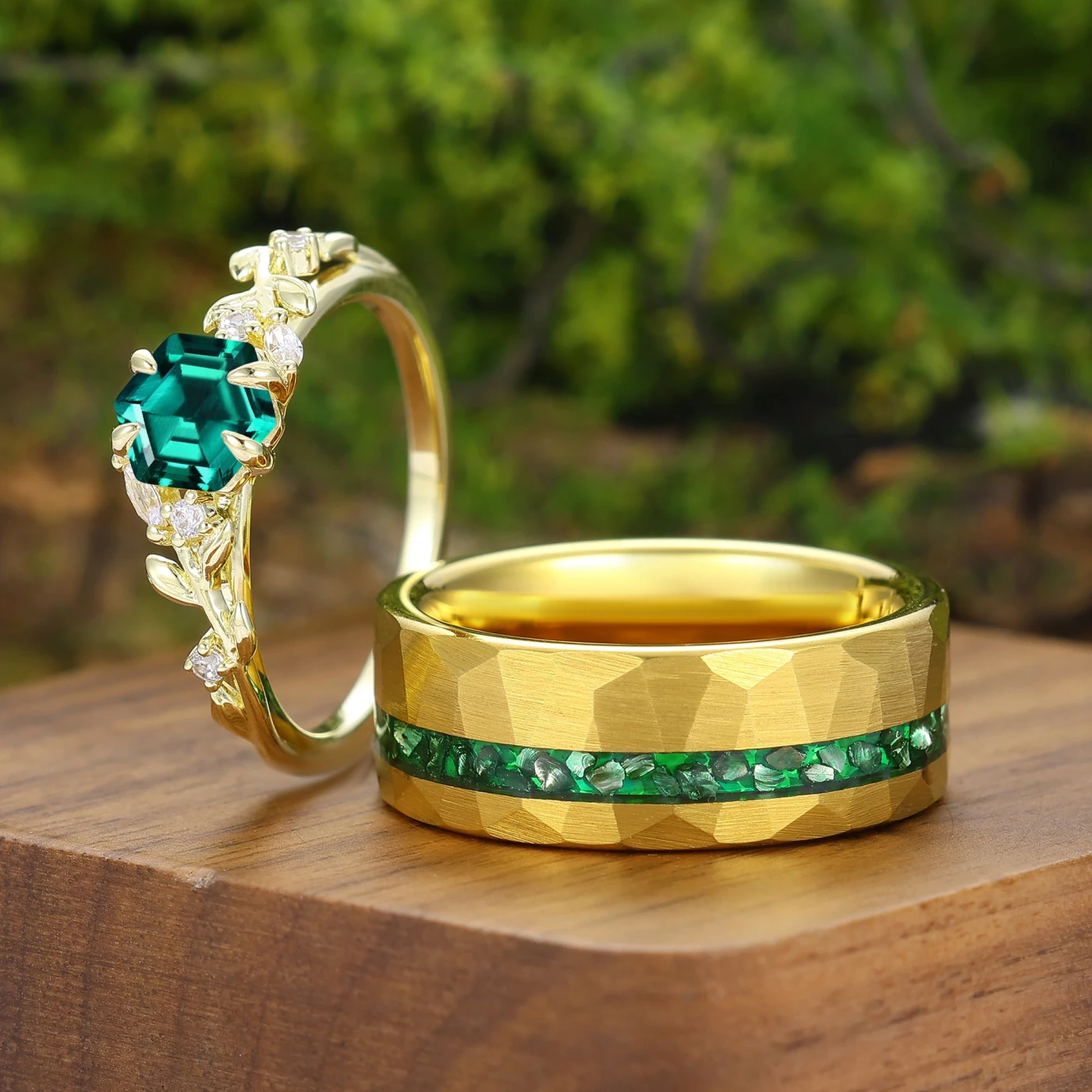 Hexagon Emerald Nature Inspired Couple Rings Green His And Hers Matching Ring - view 2