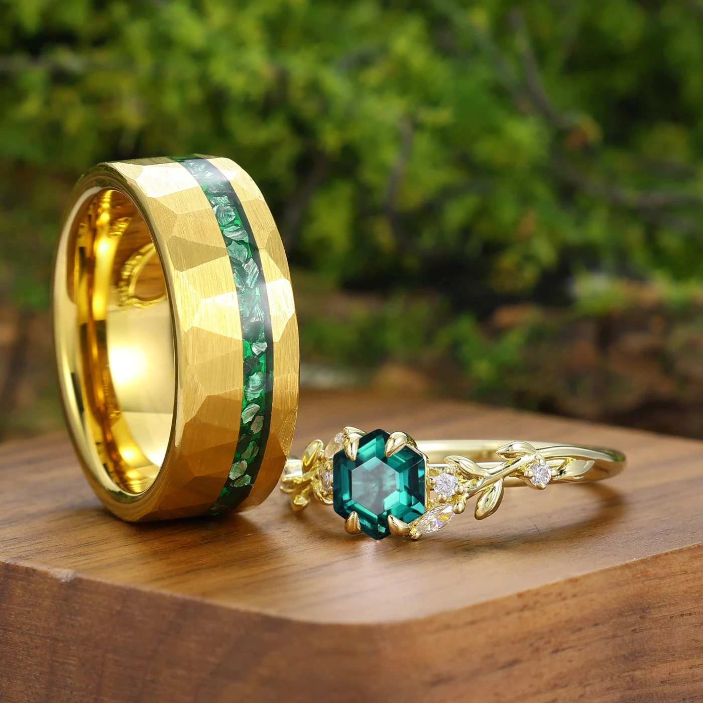 Hexagon Emerald Nature Inspired Couple Rings Green His And Hers Matching Ring - view 4