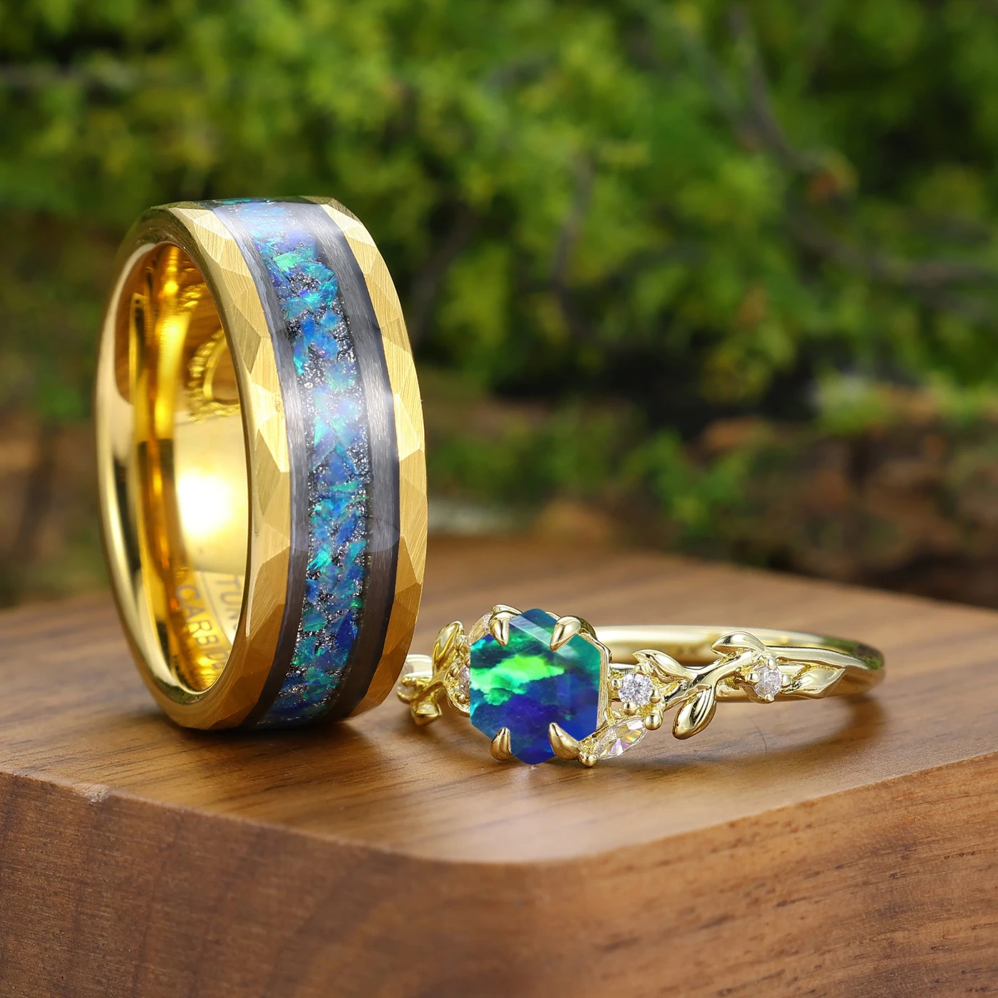Prong Gold Peacock Green Opal Couples Ring 2pcs Matching Ring For Man For Women - view 3