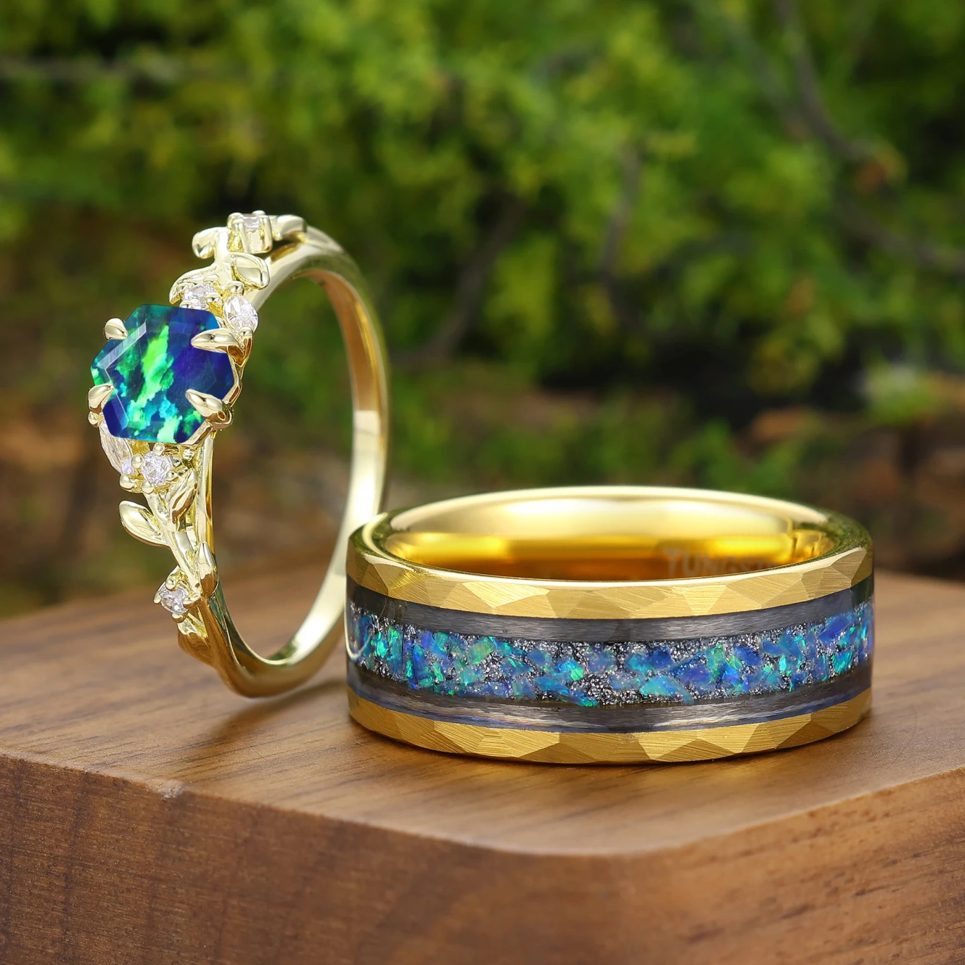 Prong Gold Peacock Green Opal Couples Ring 2pcs Matching Ring For Man For Women - view 4