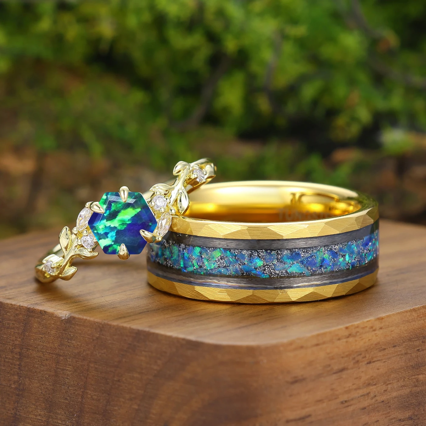 Prong Gold Peacock Green Opal Couples Ring 2pcs Matching Ring For Man For Women - view 2