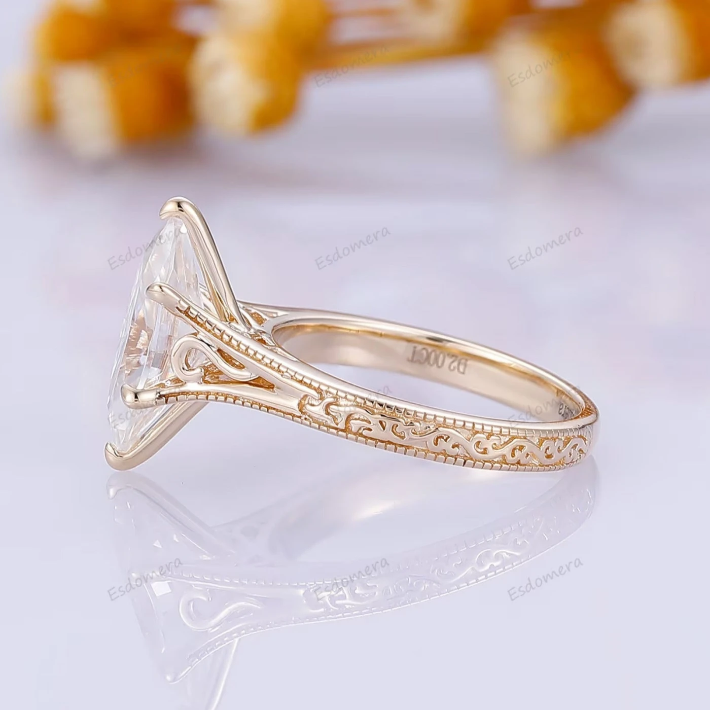 Marquise Cut Solitaire Moissanite Ring Solid Gold Filigree Wedding Ring 6 Prongs Women Ring - view 3