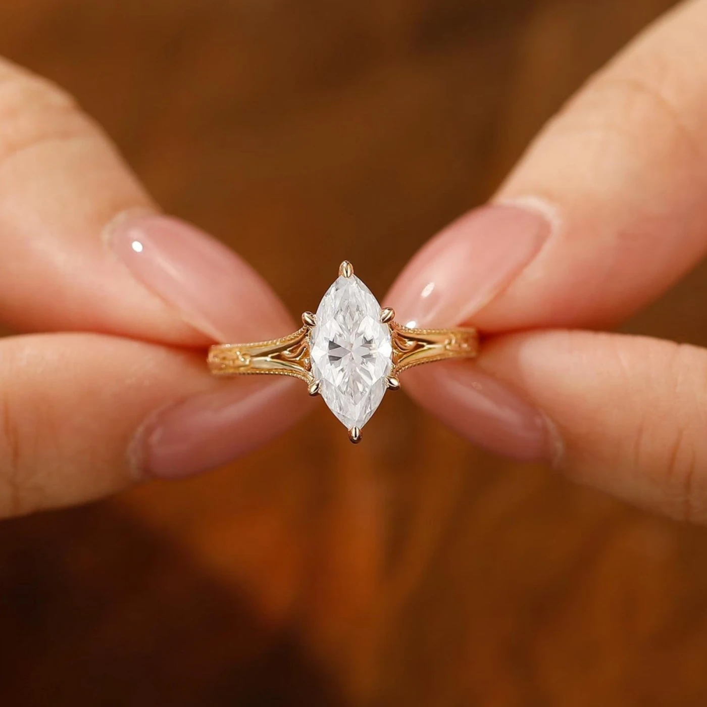 Marquise Cut Solitaire Moissanite Ring Solid Gold Filigree Wedding Ring 6 Prongs Women Ring - view 6