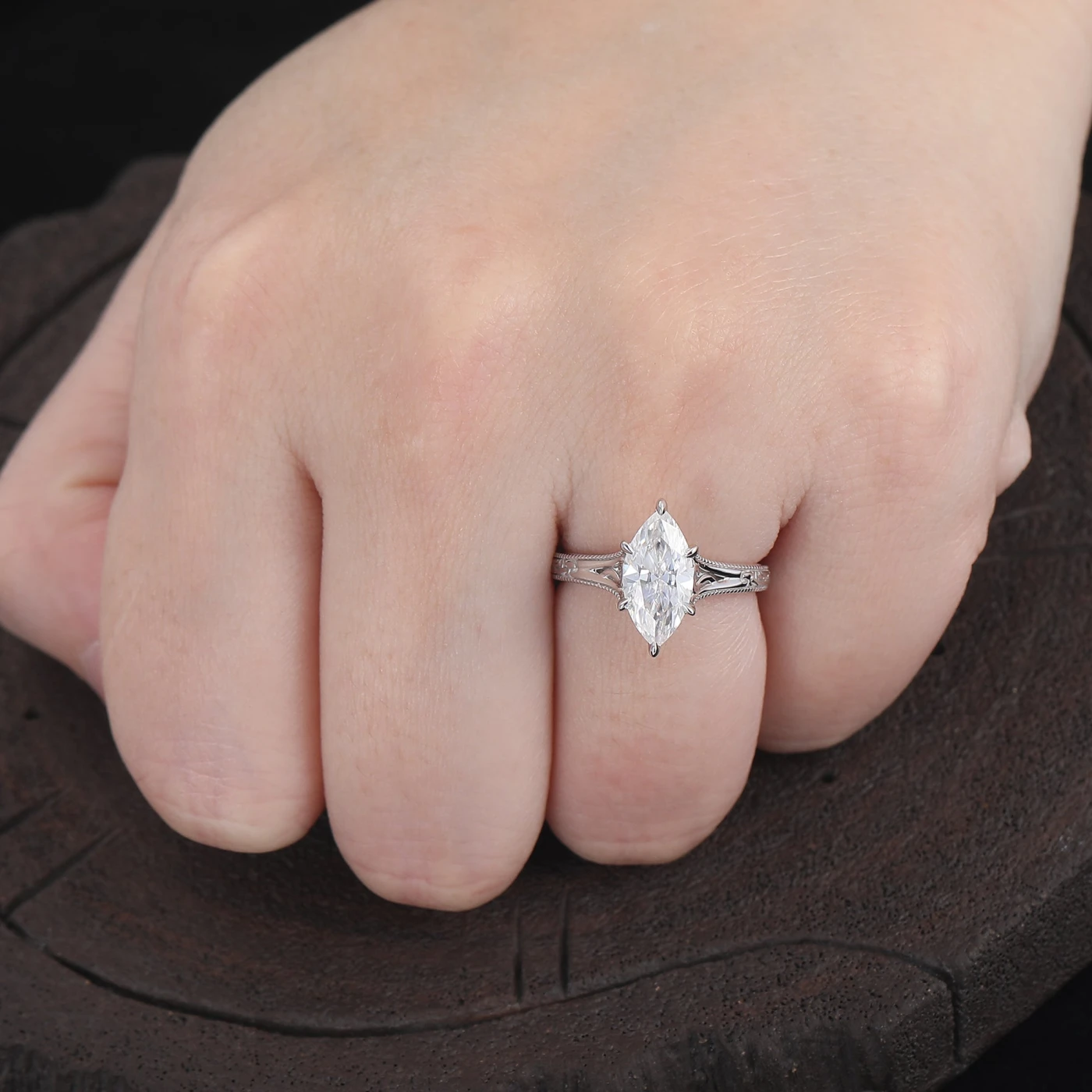 Marquise Cut Solitaire Moissanite Ring Solid Gold Filigree Wedding Ring 6 Prongs Women Ring - view 9