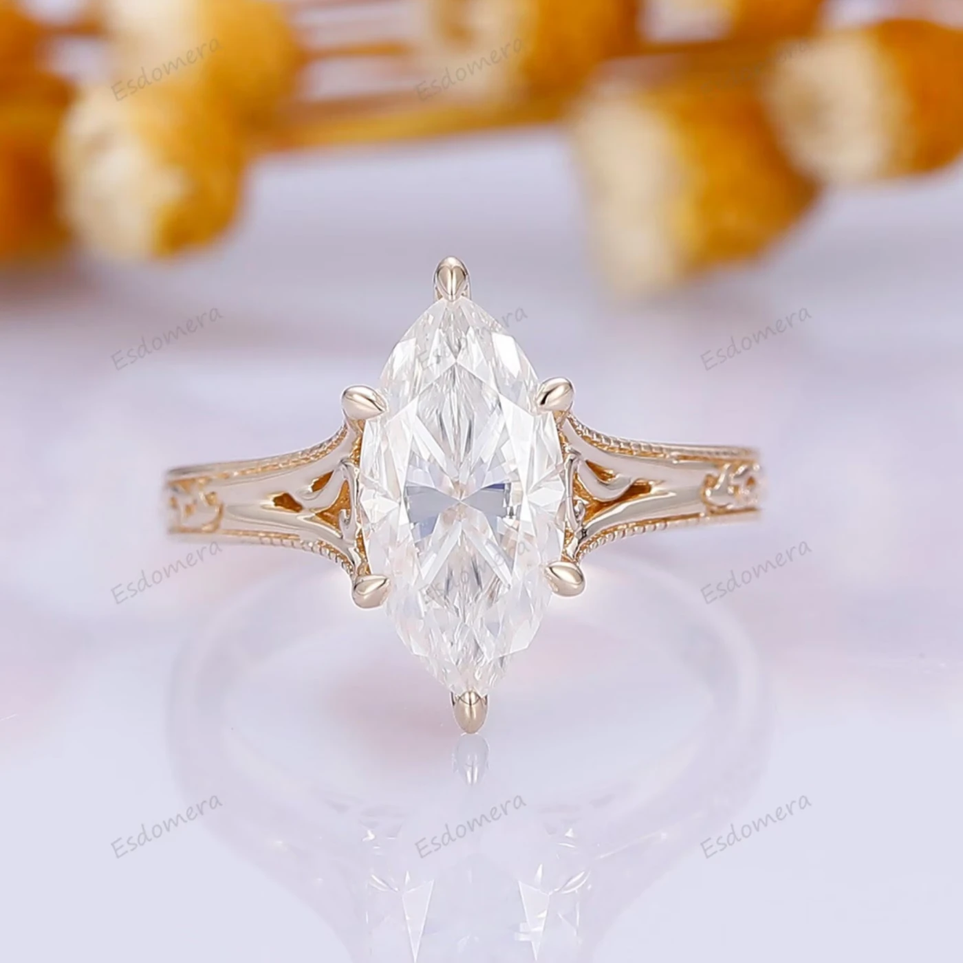 Marquise Cut Solitaire Ring Solid Gold Filigree Wedding Ring 6 Prongs Women Ring