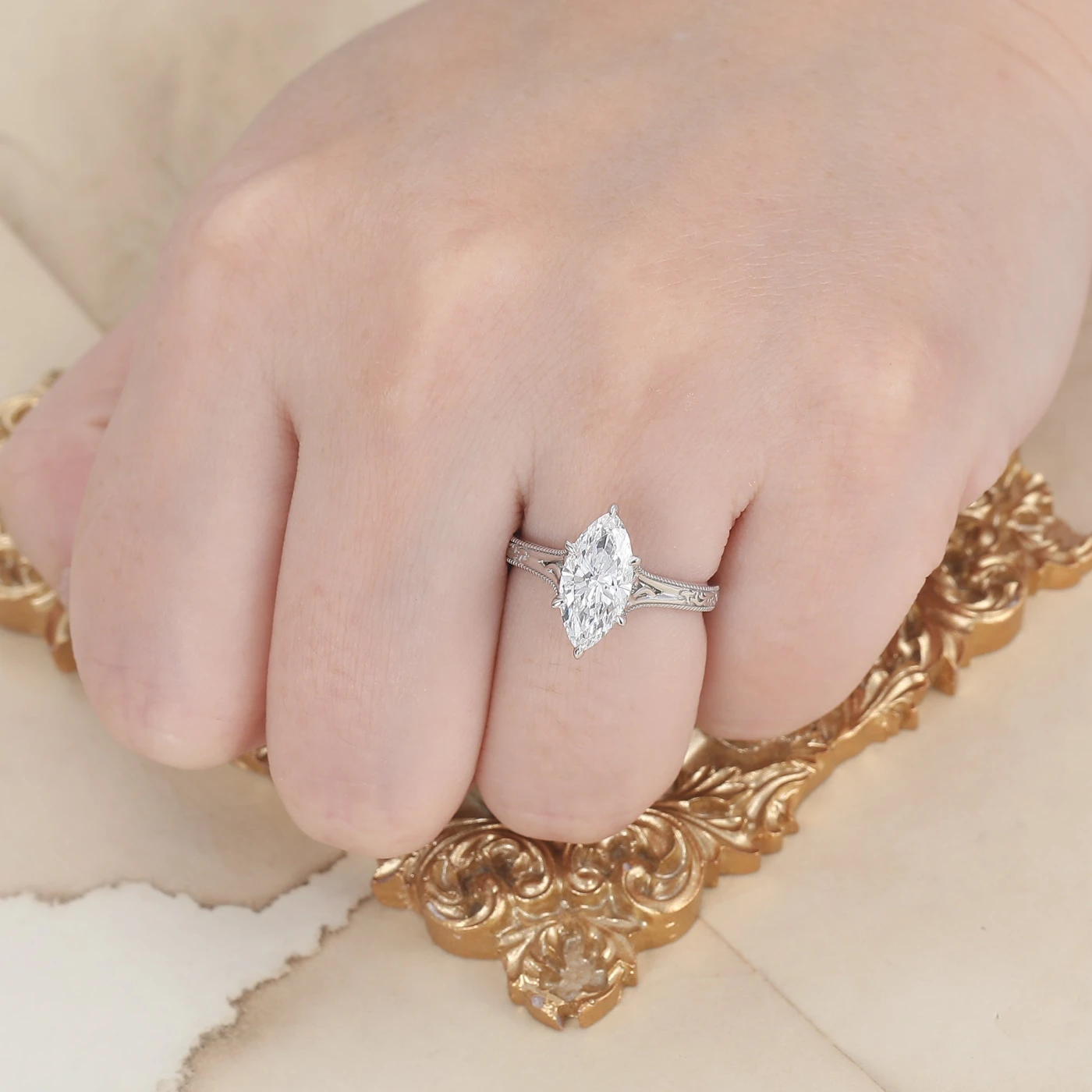 Marquise Cut Solitaire Moissanite Ring Solid Gold Filigree Wedding Ring 6 Prongs Women Ring - view 8