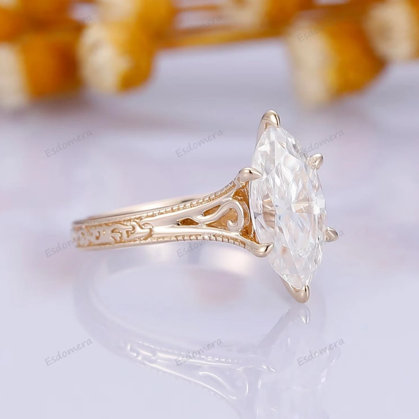 Marquise Cut Solitaire Moissanite Ring Solid Gold Filigree Wedding Ring 6 Prongs Women Ring - view 2