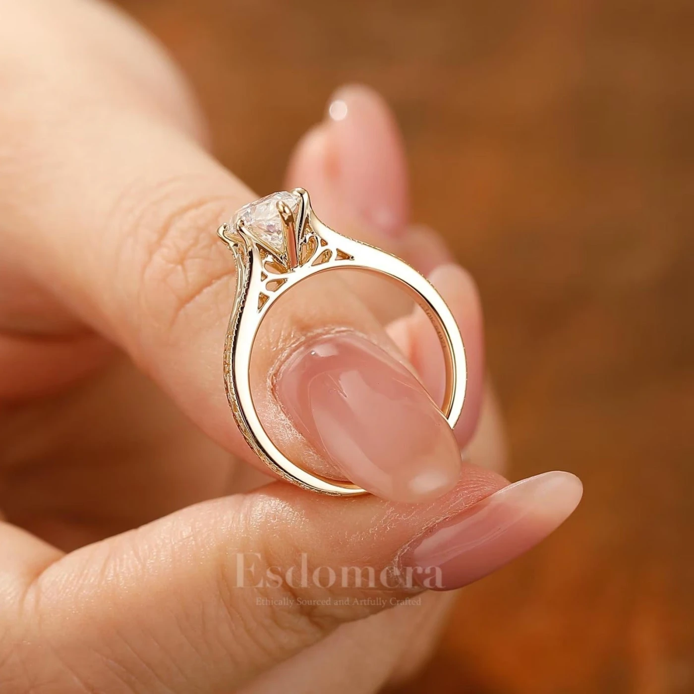 Marquise Cut Solitaire Moissanite Ring Solid Gold Filigree Wedding Ring 6 Prongs Women Ring - view 5