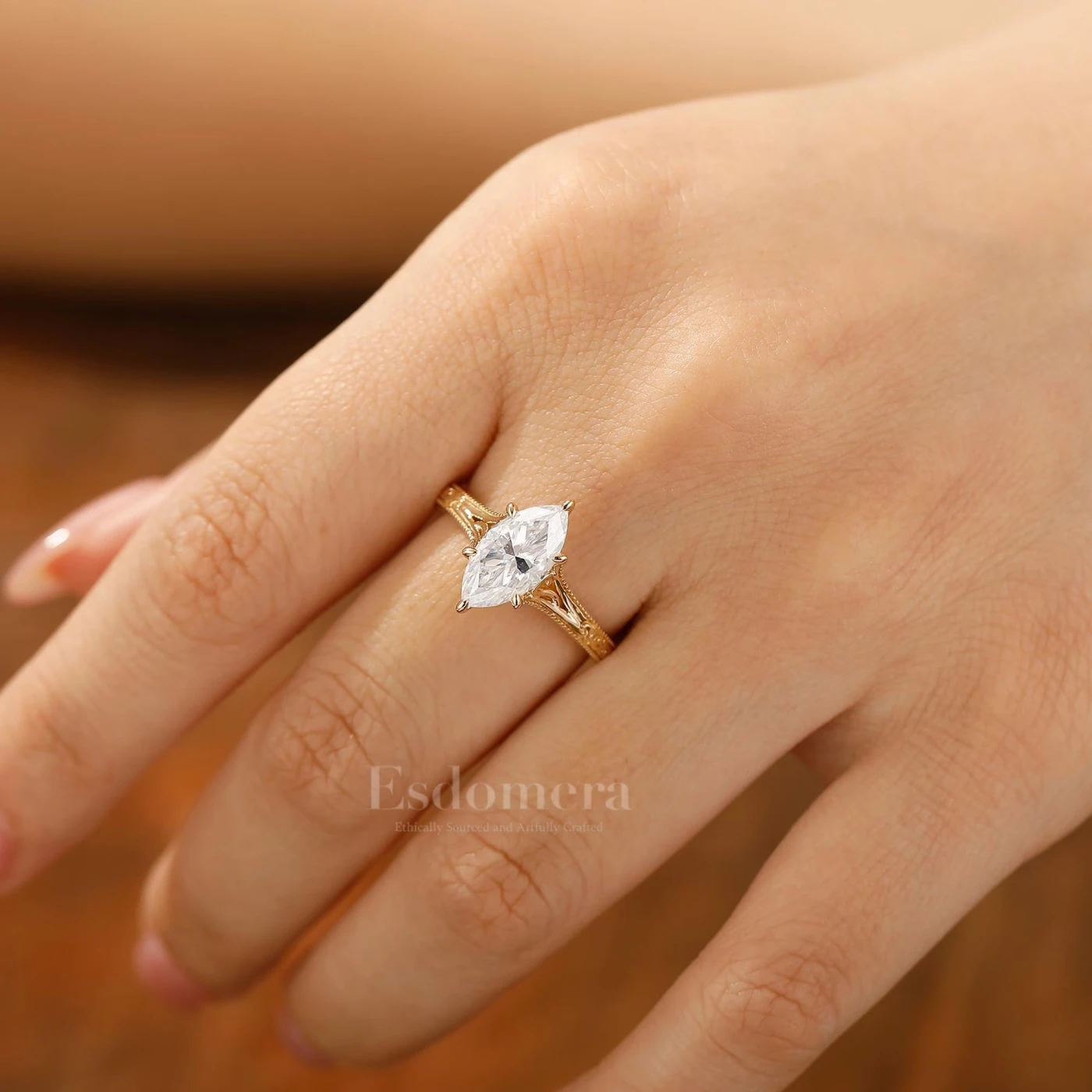 Marquise Cut Solitaire Moissanite Ring Solid Gold Filigree Wedding Ring 6 Prongs Women Ring - view 7