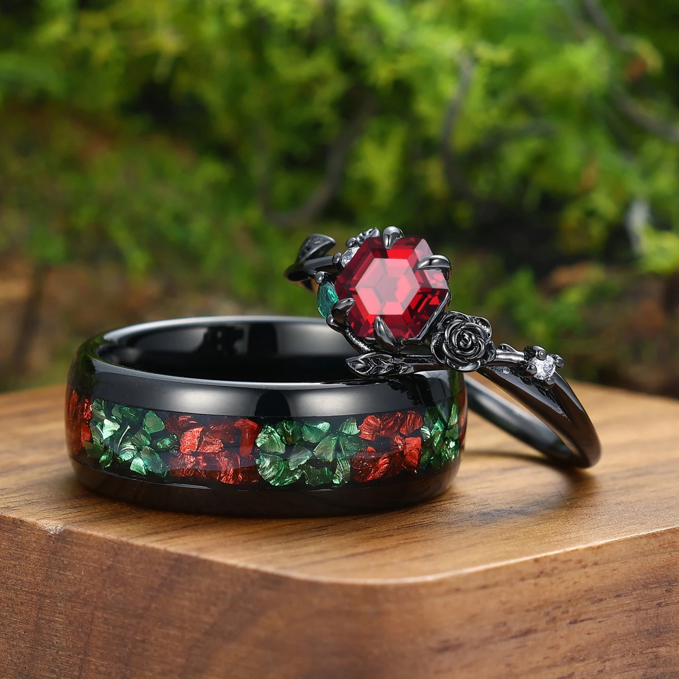 Natural Red Garnet Roses Leaf Engraved Couples Ring Matching