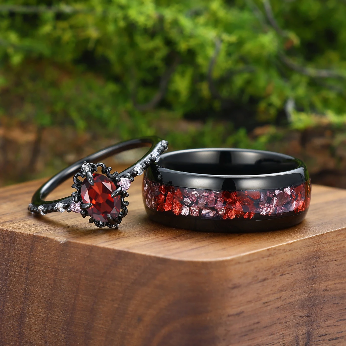 Oval Red Garnet Filigreed His And Hers Matching Ring Nature Couples Ring