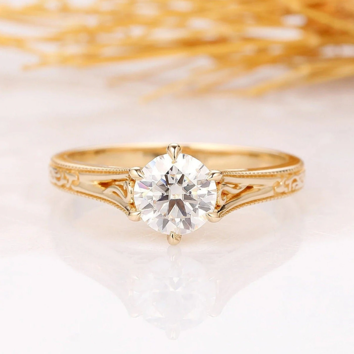 Vintage Solitaire Round Cut Engagement Ring Filigree Design