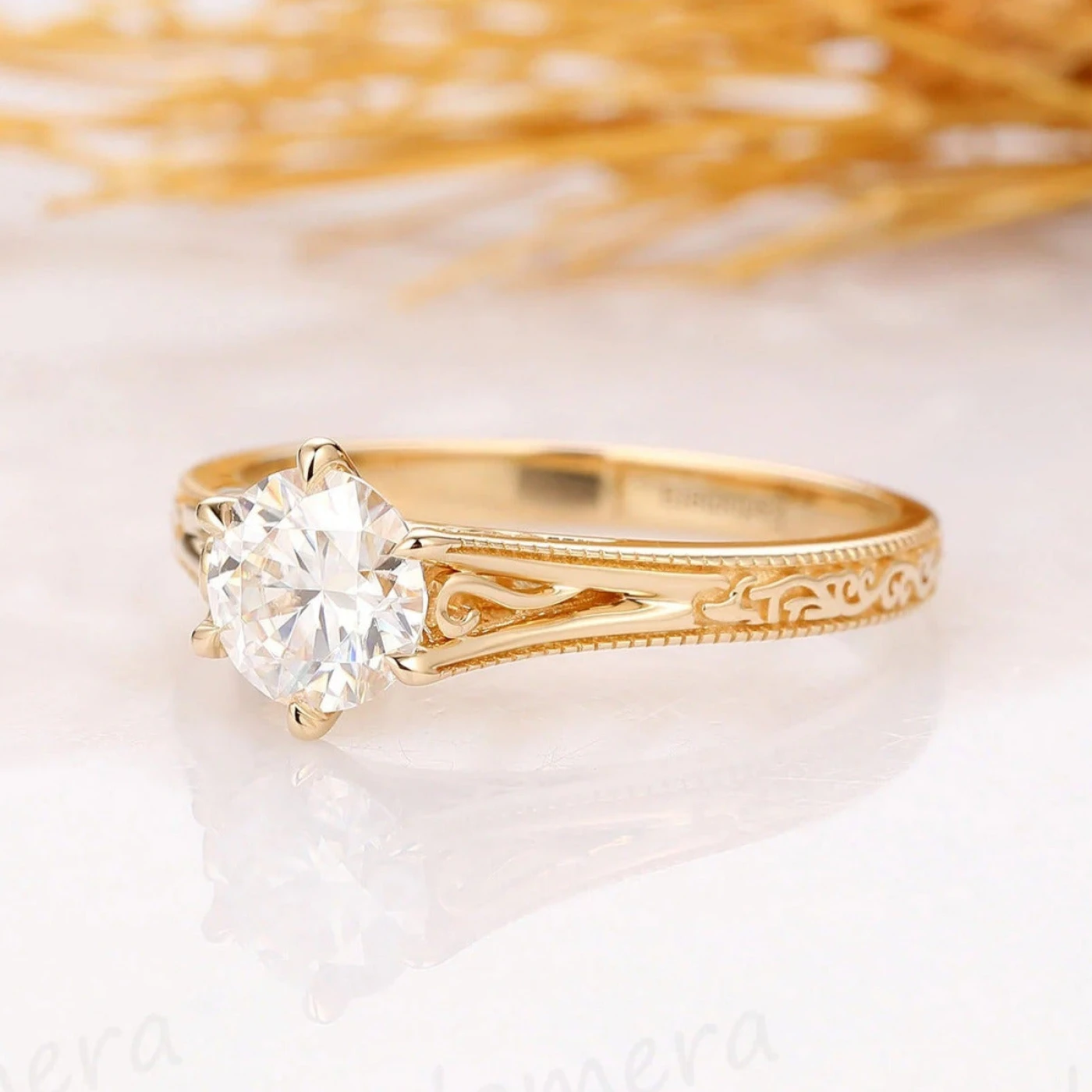 Vintage Solitaire Round Cut Moissanite Engagement Ring Filigree Design Solid Gold Moissanite Marriage Ring - view 2