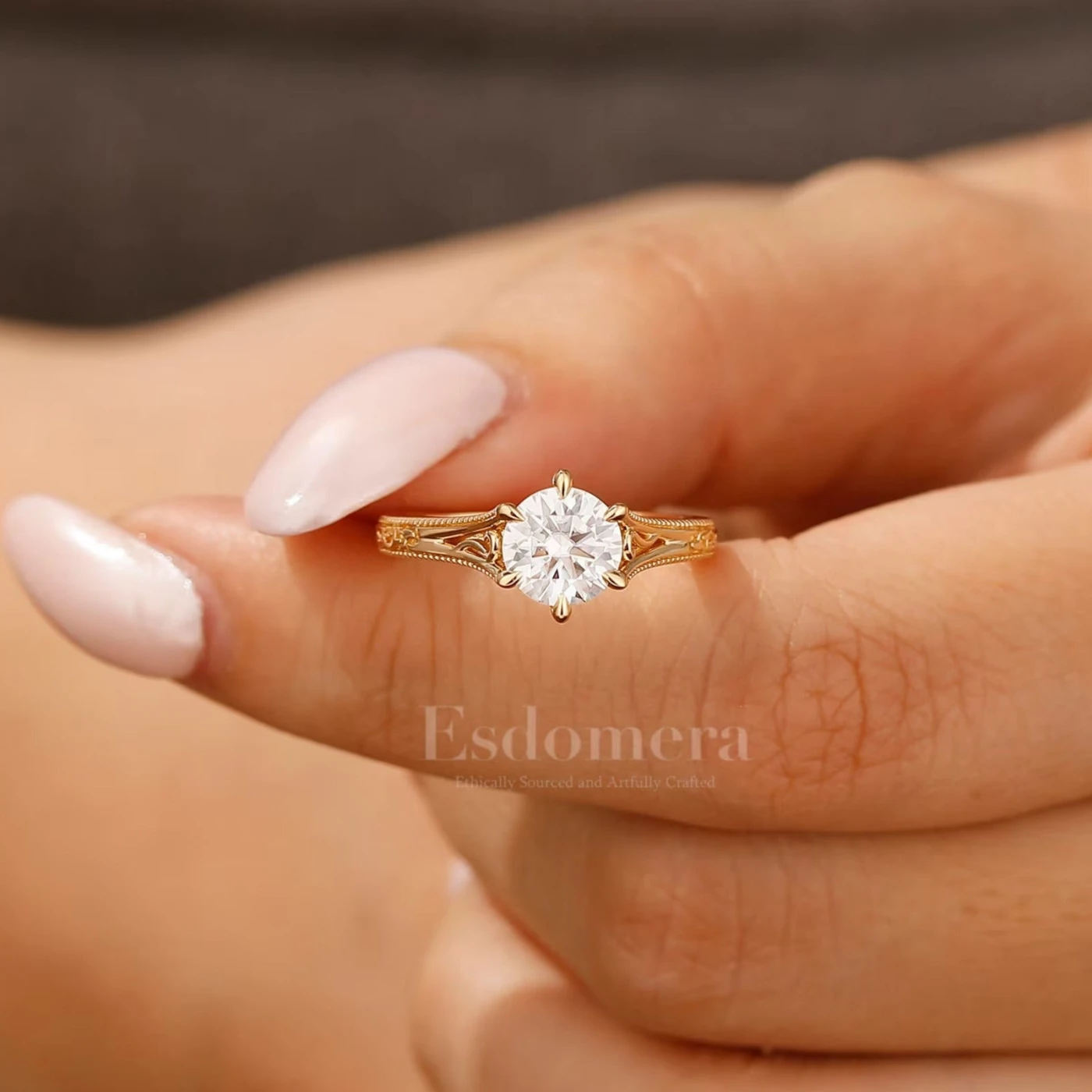 Vintage Solitaire Round Cut Moissanite Engagement Ring Filigree Design Solid Gold Moissanite Marriage Ring - view 7