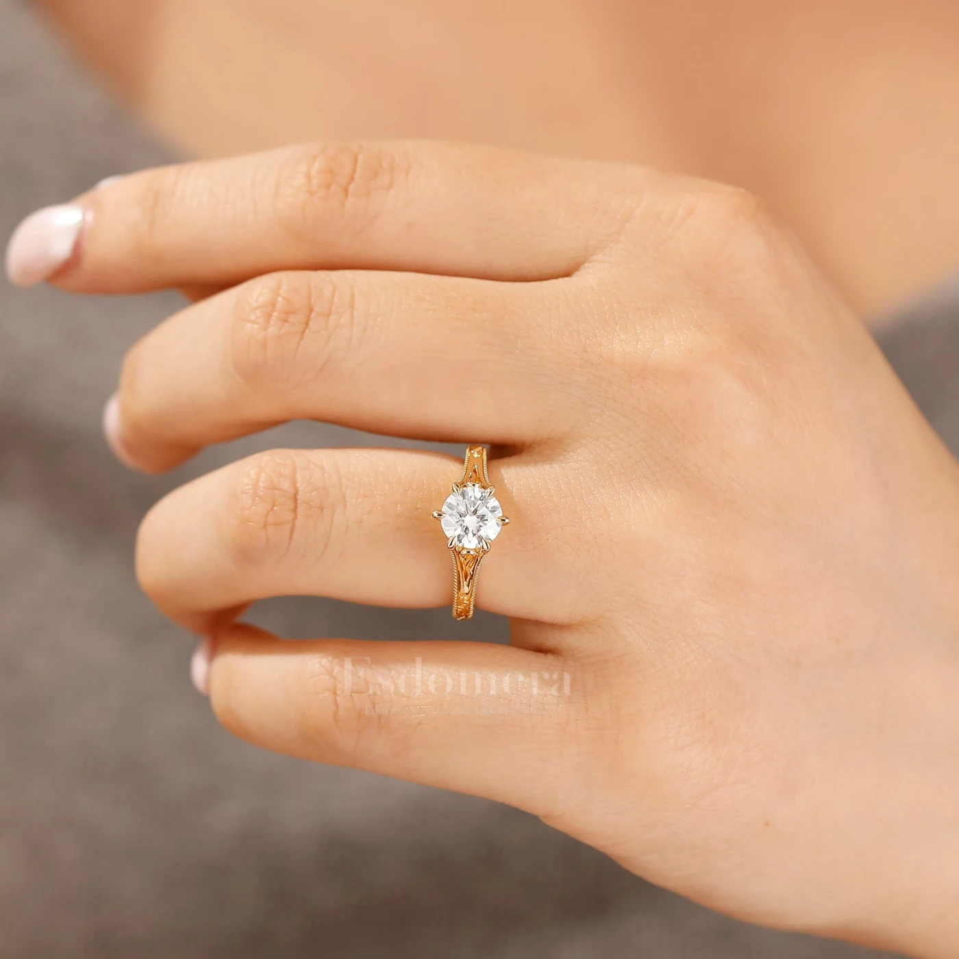 Vintage Solitaire Round Cut Moissanite Engagement Ring Filigree Design Solid Gold Moissanite Marriage Ring - view 6
