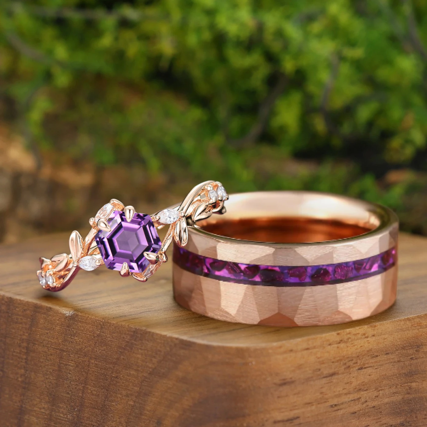 Nature Inspired Purple Amethyst Couples Ring Purple And Rose Gold