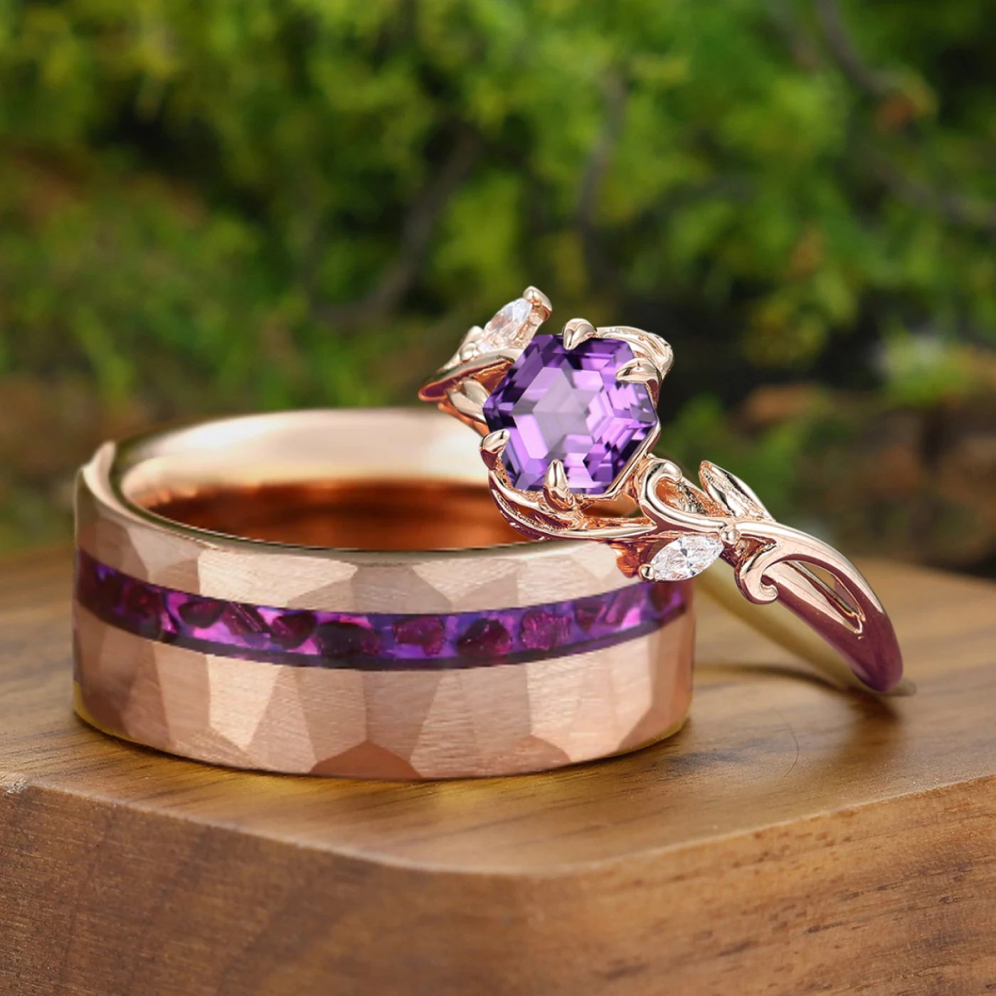 Vine Leaf Design Purple Amethyst Couples Ring 2pcs 925 Sterling