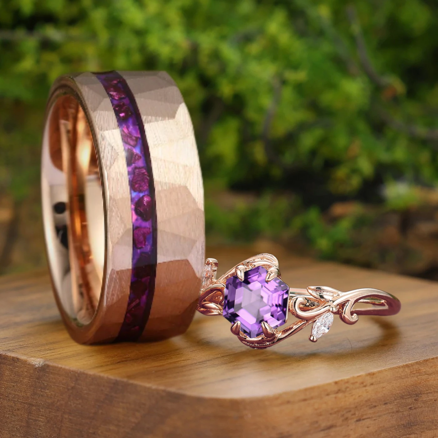 Vine Leaf Design Purple Amethyst Couples Ring 2pcs 925 Sterling Silver And Tungsten Matching Ring - view 2