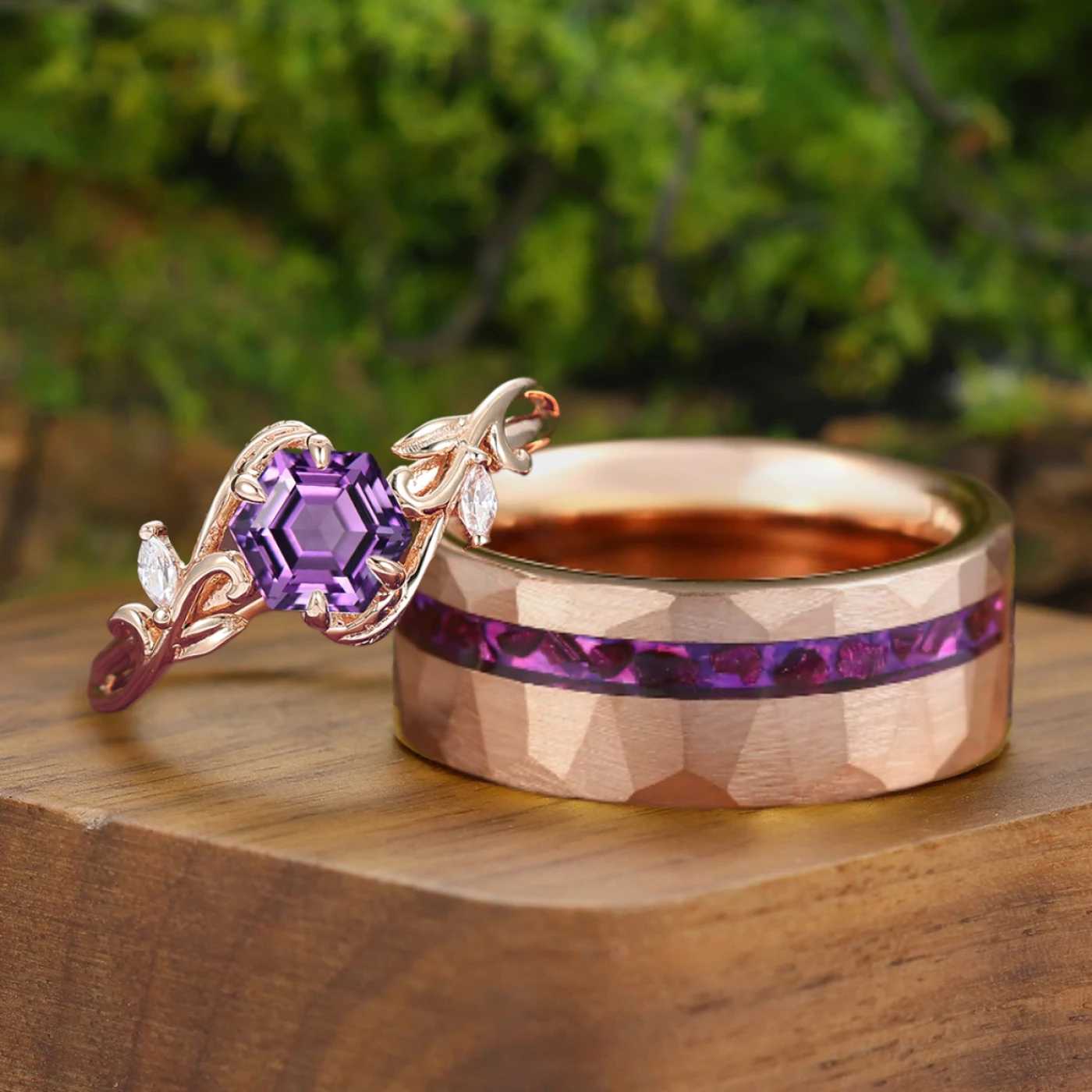 Vine Leaf Design Purple Amethyst Couples Ring 2pcs 925 Sterling Silver And Tungsten Matching Ring - view 4