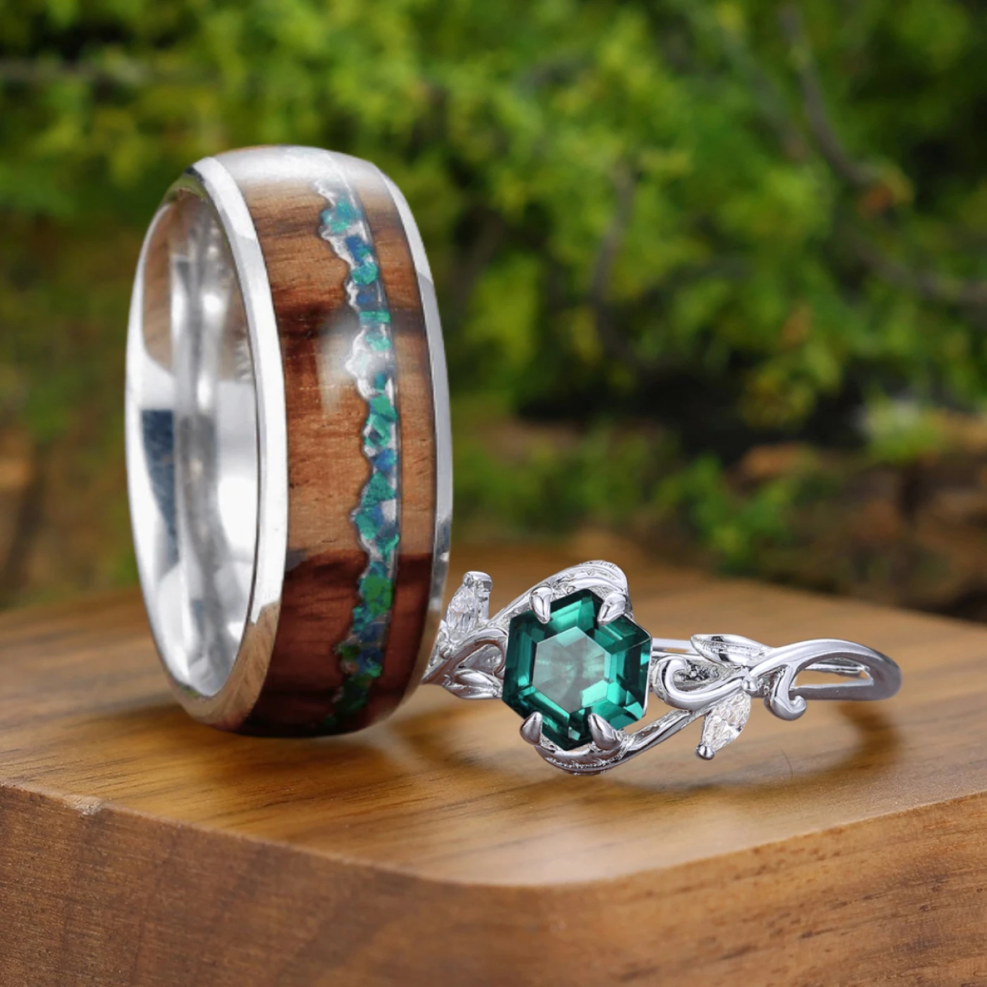 Leaf-inspired Green Emerald Couples Ring Green Twig Ring For Her