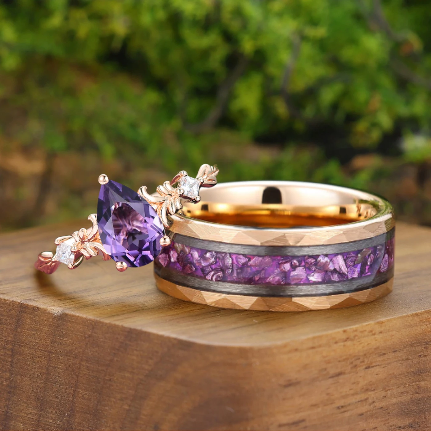 Nature Inspired Amethyst S925 And Tungsten Couples Ring His And Hers Matching Band