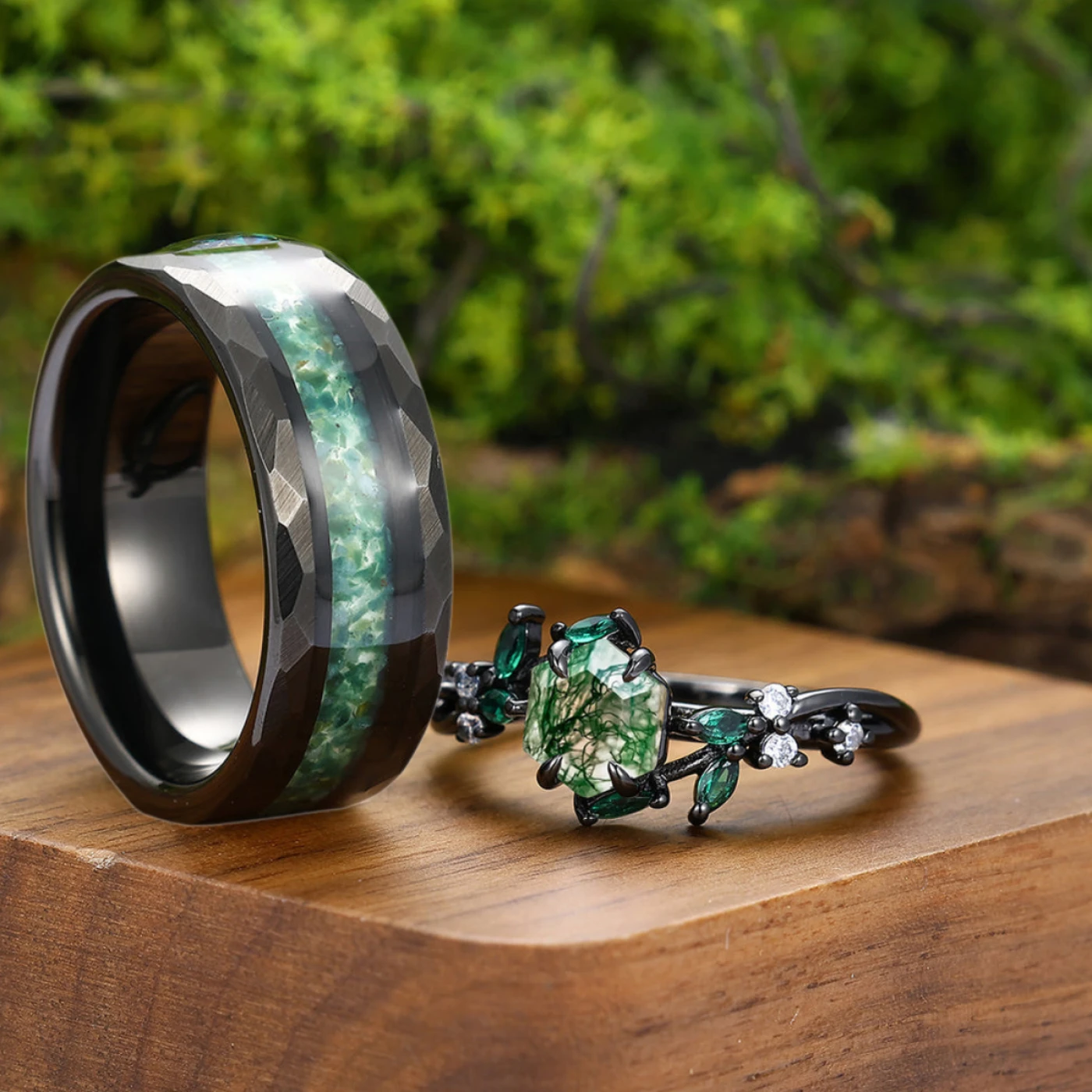 Artsy Branch Leaf Natural Moss Agate Couples Ring Green Matching Ring For Women and Men - view 10