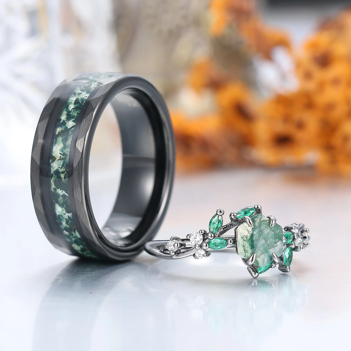 Artsy Branch Leaf Natural Moss Agate Couples Ring Green Matching Ring For Women and Men - view 4