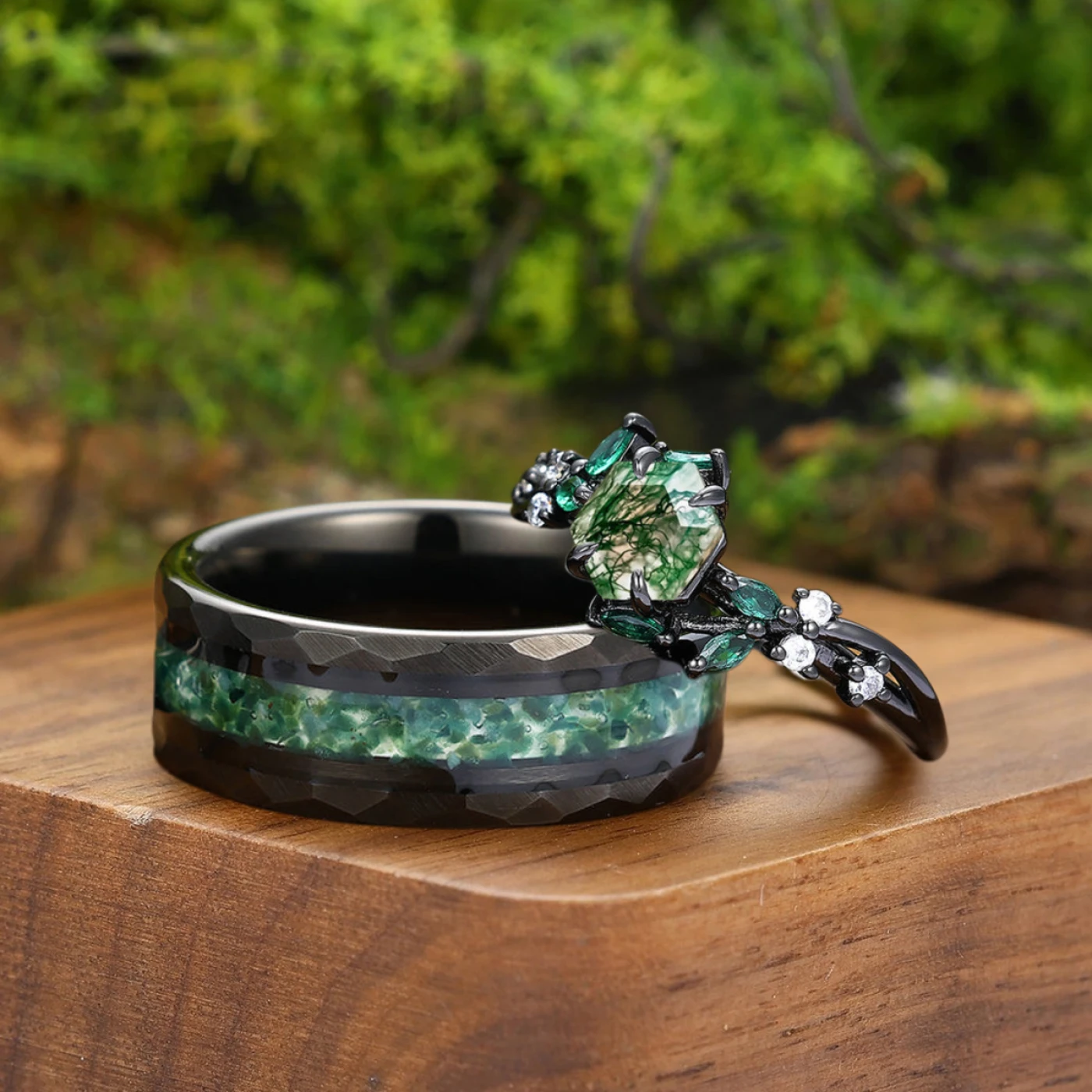 Artsy Branch Leaf Natural Moss Agate Couples Ring Green Matching Ring For Women and Men - view 8