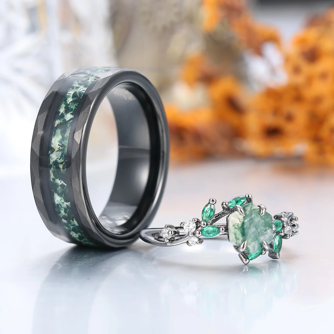 Artsy Branch Leaf Natural Moss Agate Couples Ring Green Matching Ring For Women and Men - view 3