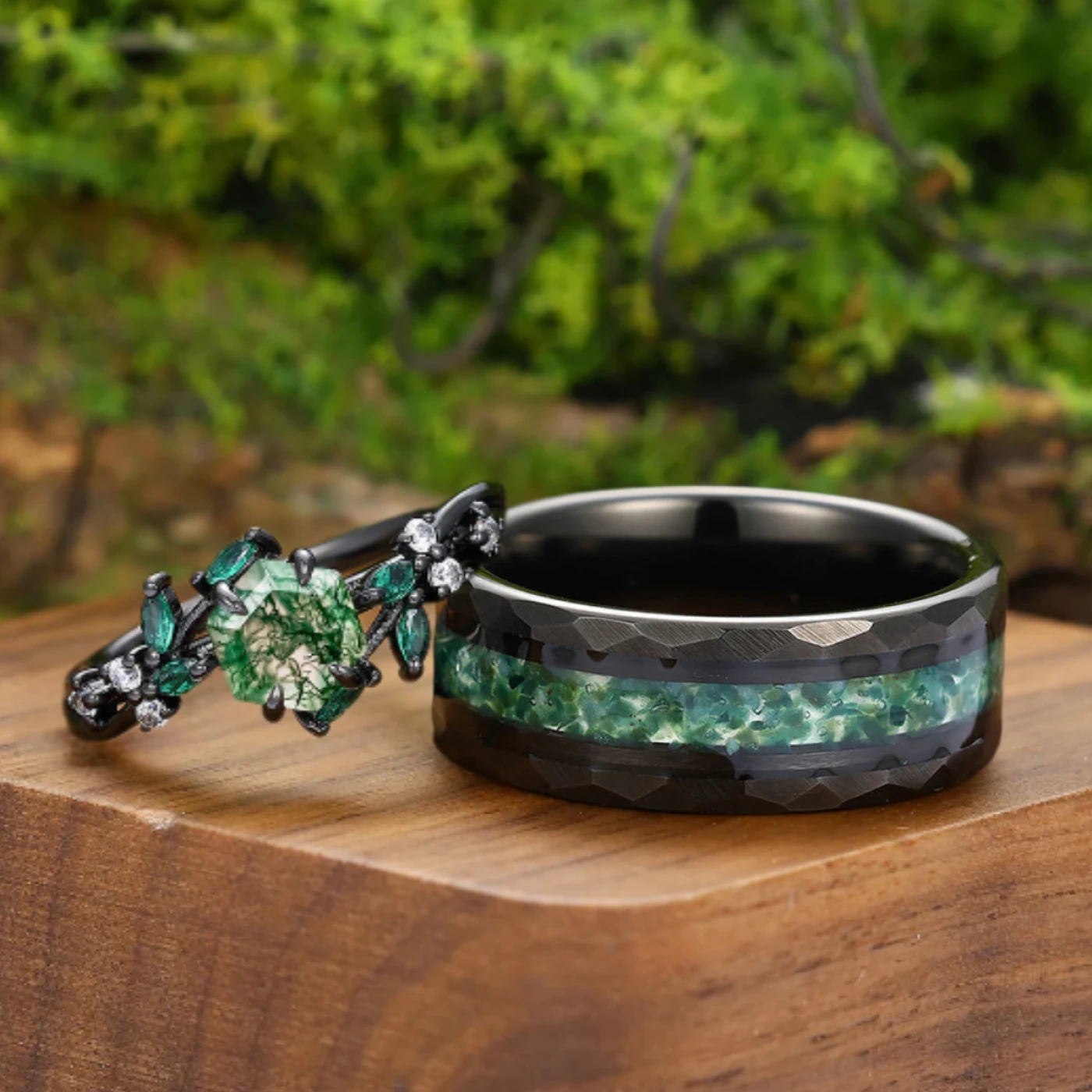 Artsy Branch Leaf Natural Moss Agate Couples Ring Green Matching Ring For Women and Men - view 7