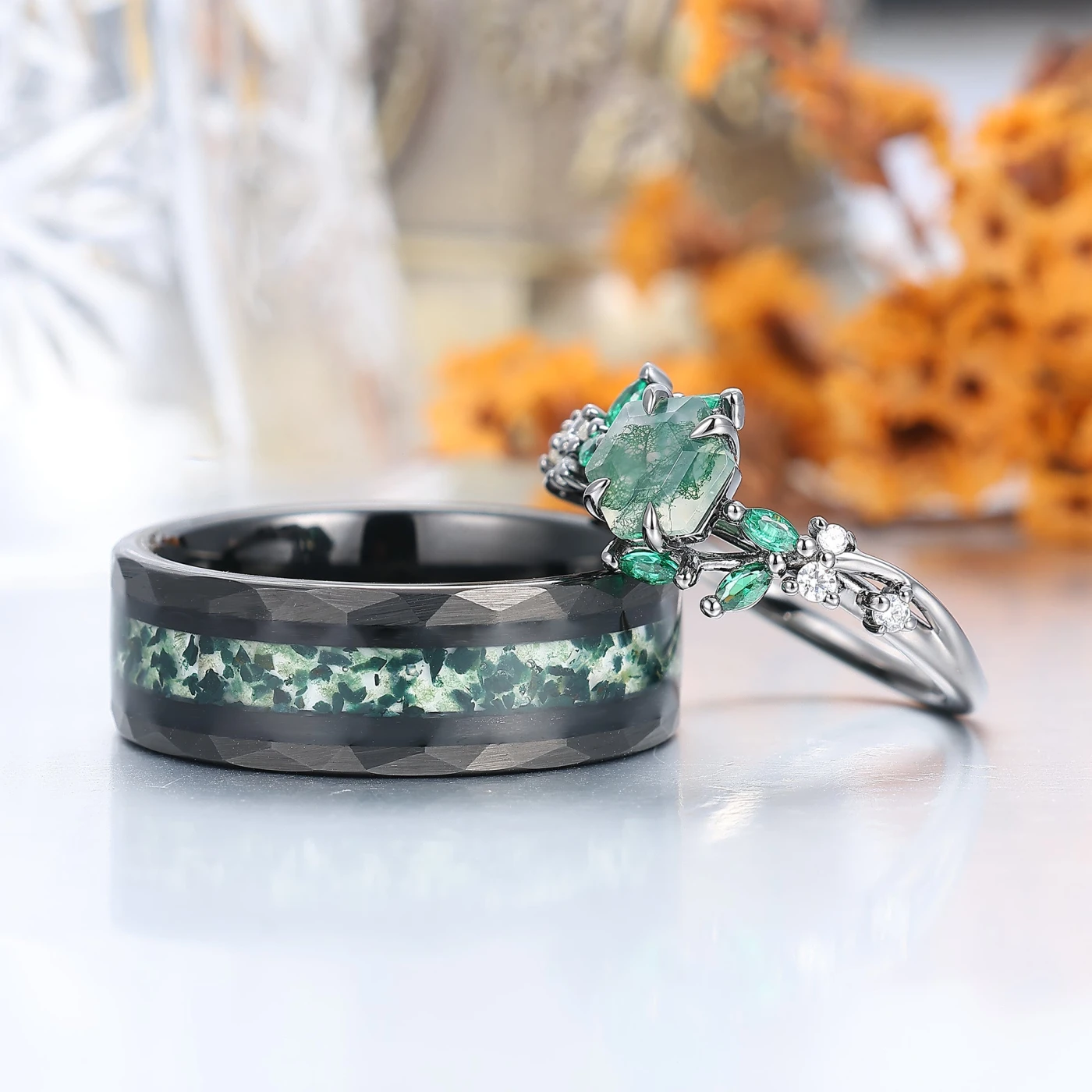 Artsy Branch Leaf Natural Moss Agate Couples Ring Green Matching