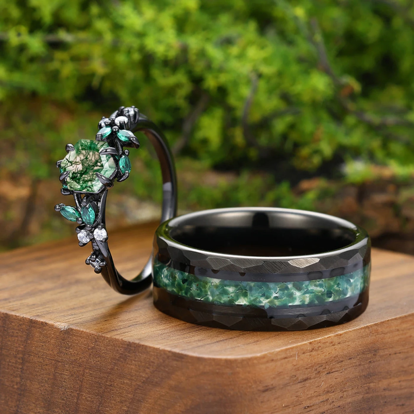 Artsy Branch Leaf Natural Moss Agate Couples Ring Green Matching Ring For Women and Men - view 9