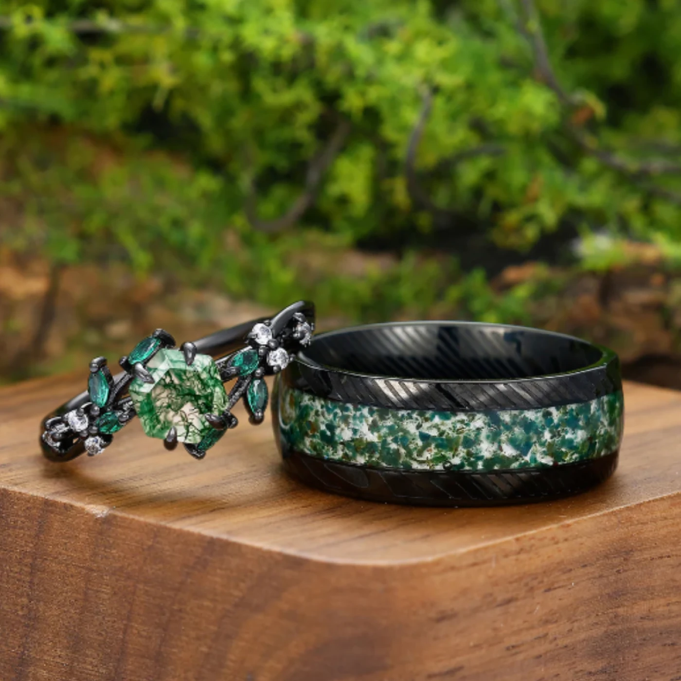 Hexagon Moss Agate Leaf Shape Couples Ring 2pcs His And Hers Matching Ring Set - view 4