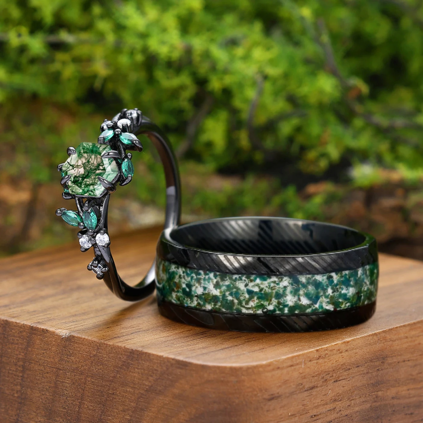 Hexagon Moss Agate Leaf Shape Couples Ring 2pcs His And Hers Matching Ring Set - view 3