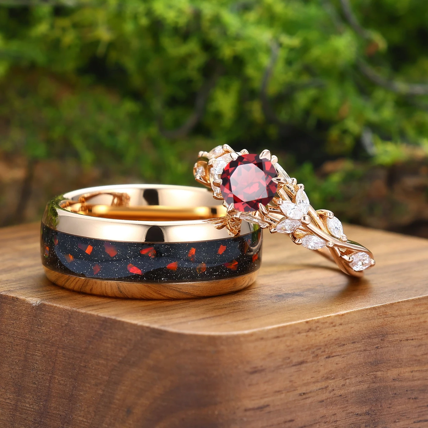 Nature Inspired Round Red Couples Ring Matching Red Rose Gold Plated Ring