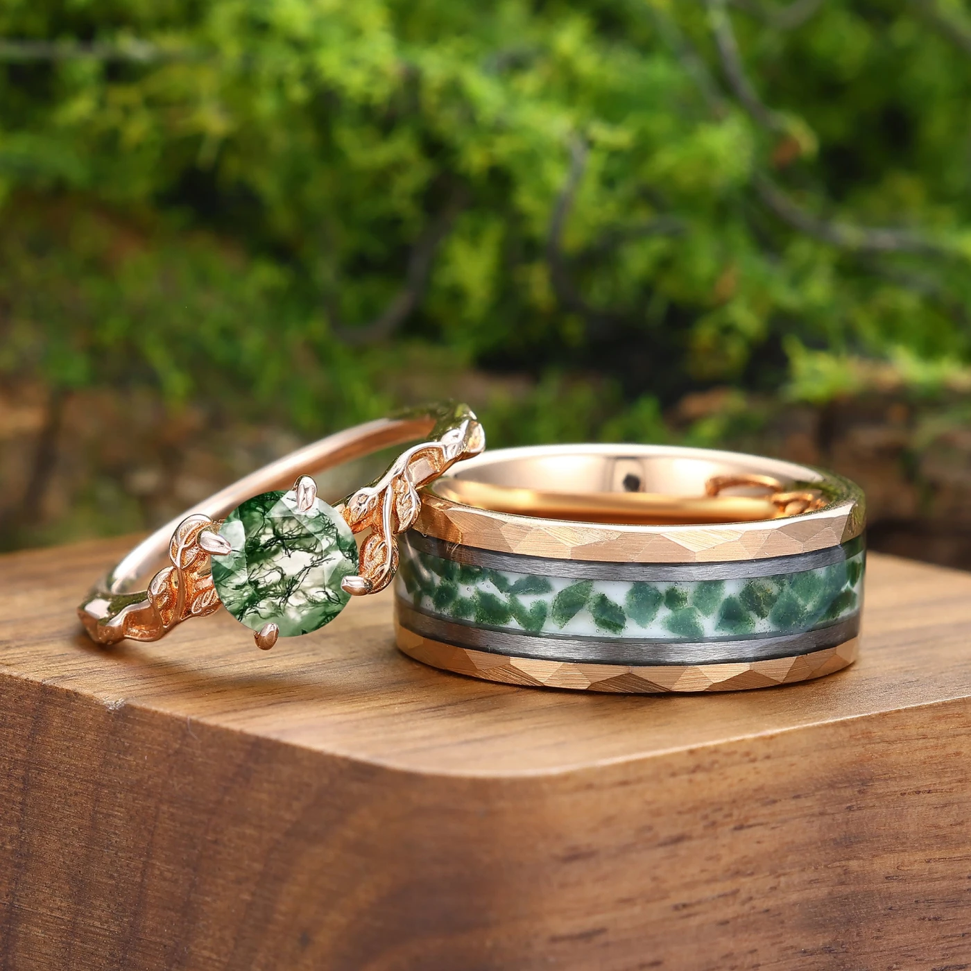 Solitaire Round Moss Agate Leaf Couples Ring Set Green Moss His
