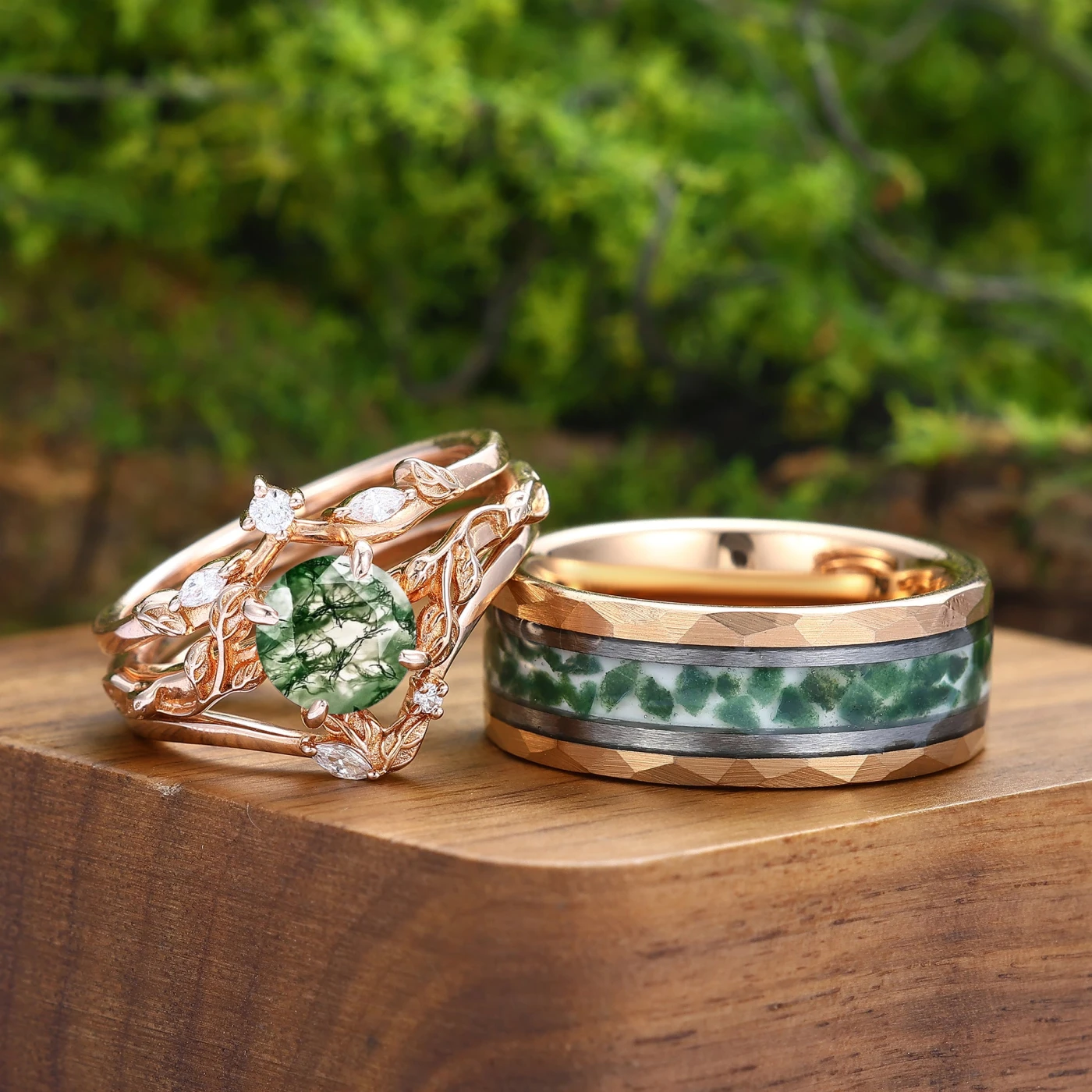 Unique 1.25CT Round Moss Agate Leaf Couples Ring Set 4pcs Moss