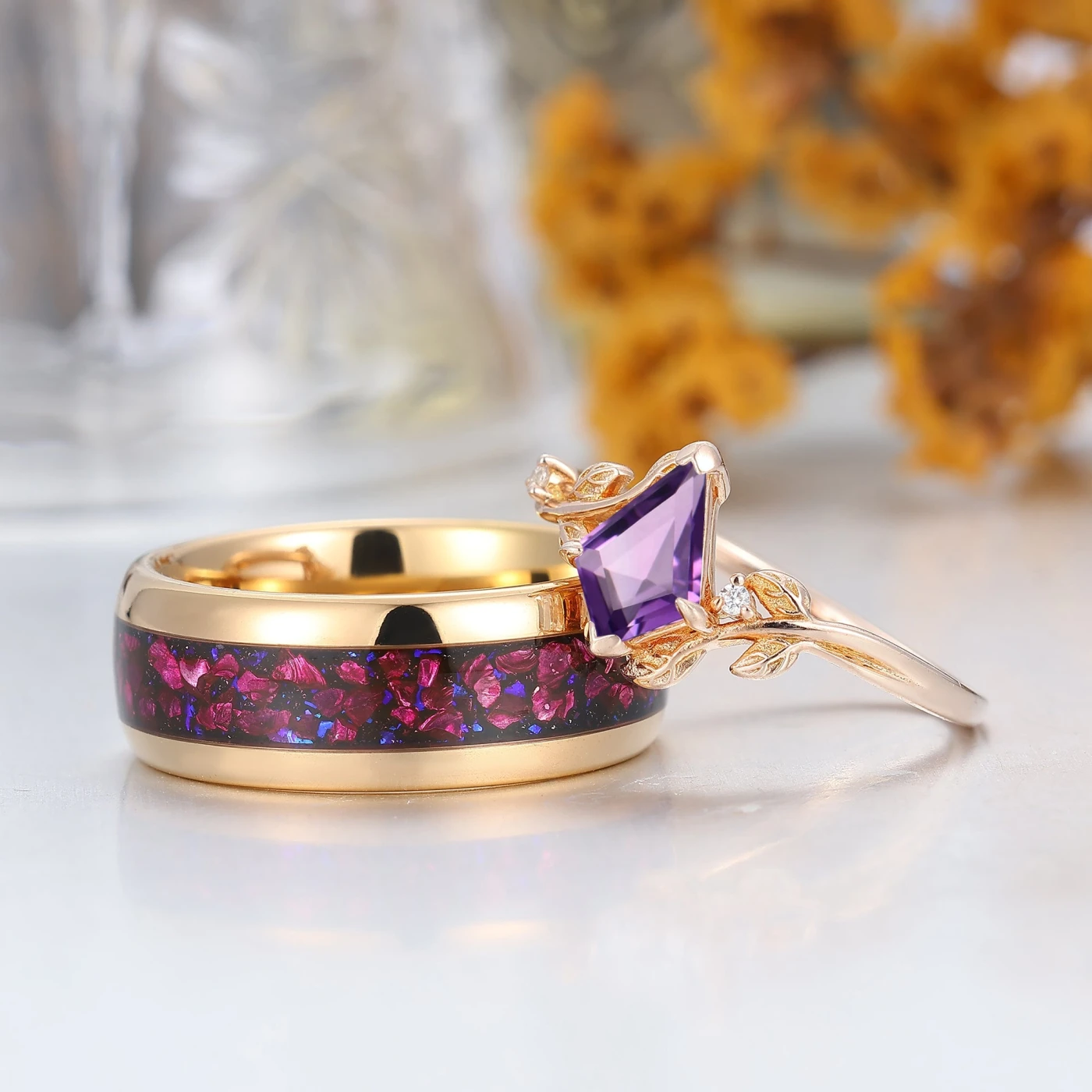 Vintage Kite Cut Amethyst Nature Inspired His And Hers Ring 2pc Purple Couples Ring Set - view 2