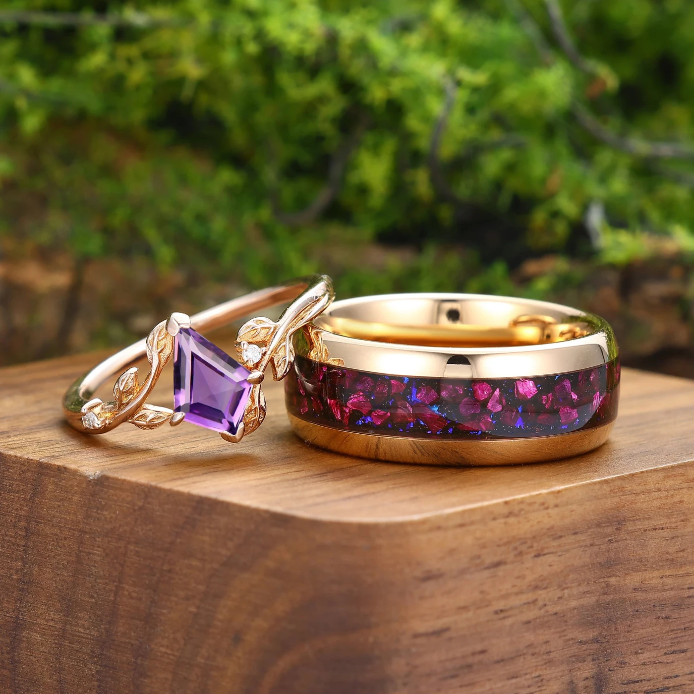 Vintage Kite Cut Amethyst Nature Inspired His And Hers Ring 2pc Purple Couples Ring Set - view 4
