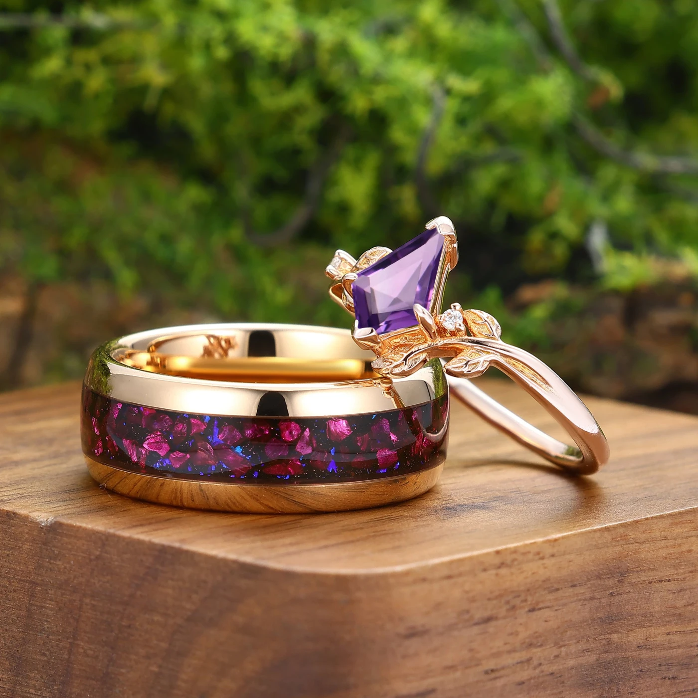 Vintage Kite Cut Amethyst Nature Inspired His And Hers Ring 2pc Purple Couples Ring Set - view 6
