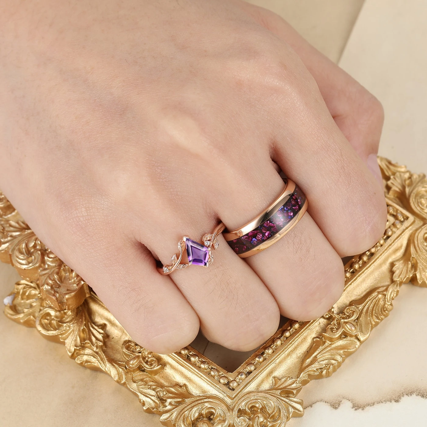 Vintage Kite Cut Amethyst Nature Inspired His And Hers Ring 2pc Purple Couples Ring Set - view 10