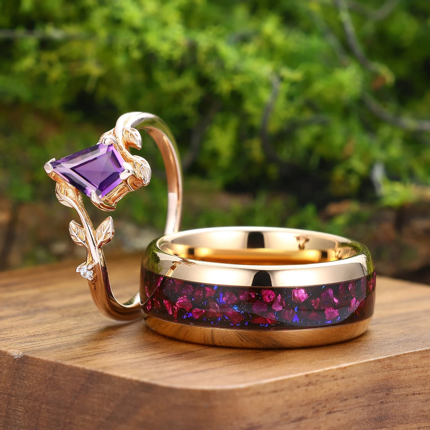 Vintage Kite Cut Amethyst Nature Inspired His And Hers Ring 2pc Purple Couples Ring Set - view 5