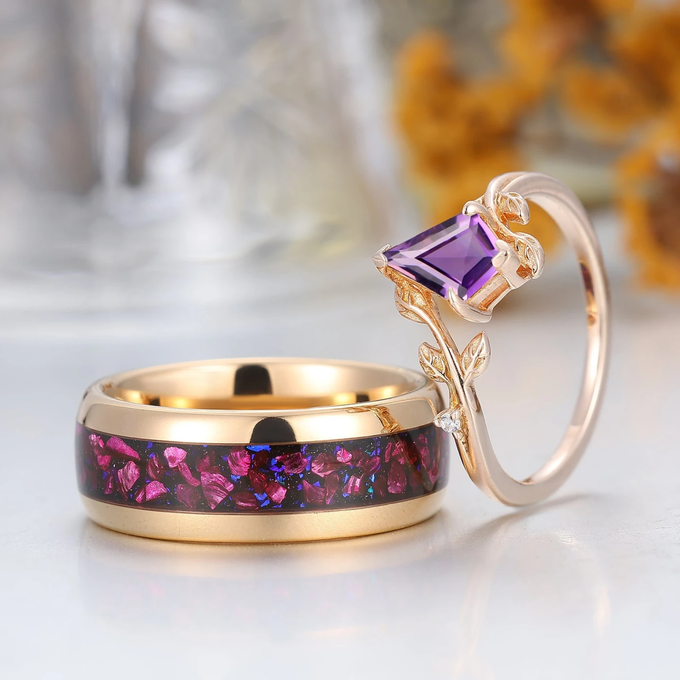 Vintage Kite Cut Amethyst Nature Inspired His And Hers Ring 2pc Purple Couples Ring Set - view 8