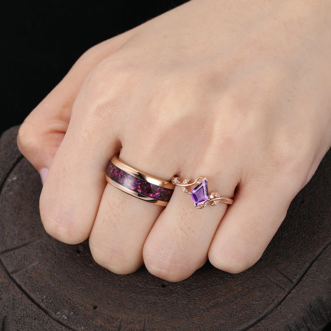 Vintage Kite Cut Amethyst Nature Inspired His And Hers Ring 2pc Purple Couples Ring Set - view 9
