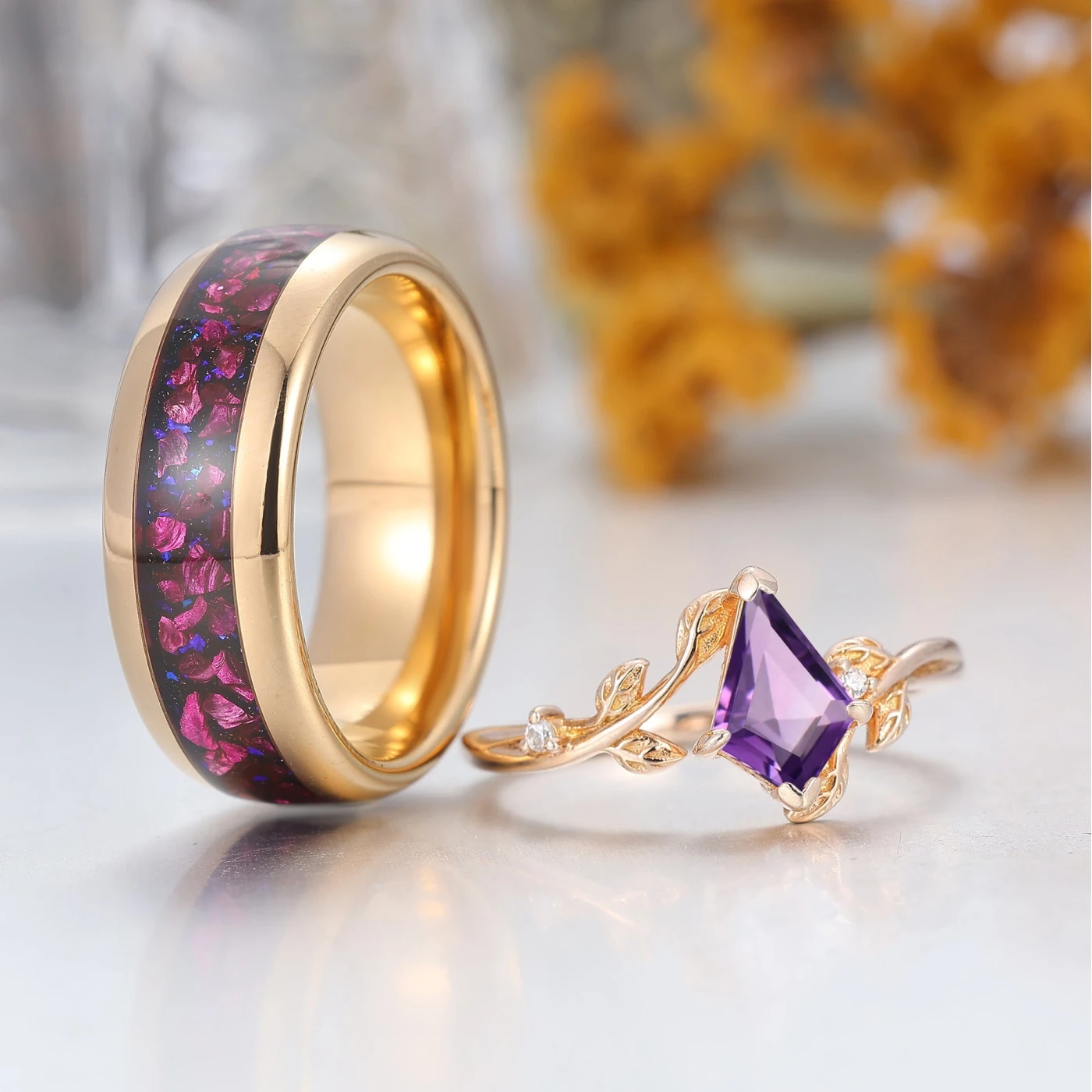 Vintage Kite Cut Amethyst Nature Inspired His And Hers Ring 2pc Purple Couples Ring Set - view 3