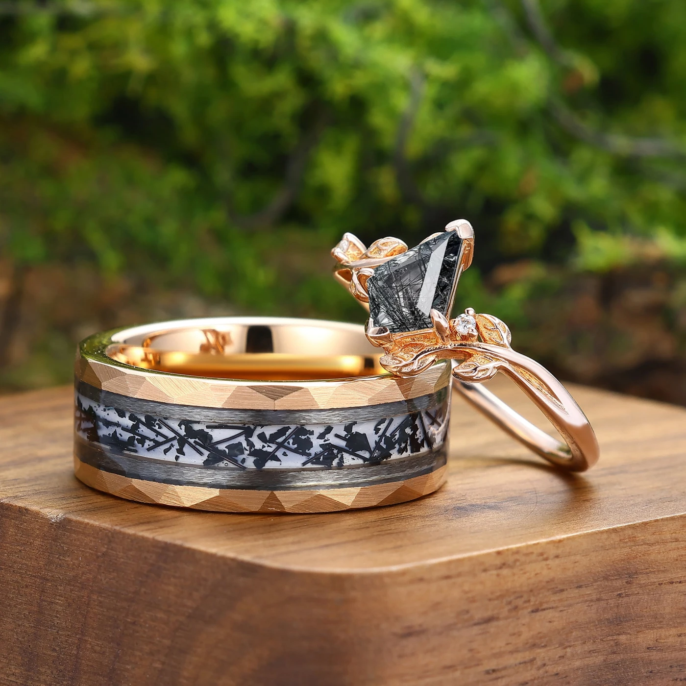 Kite Cut Natural Black Rutilated Quartz Leaf Couple Ring Set Sterling Silver Ring For Women Tungsten Ring For Men - view 2