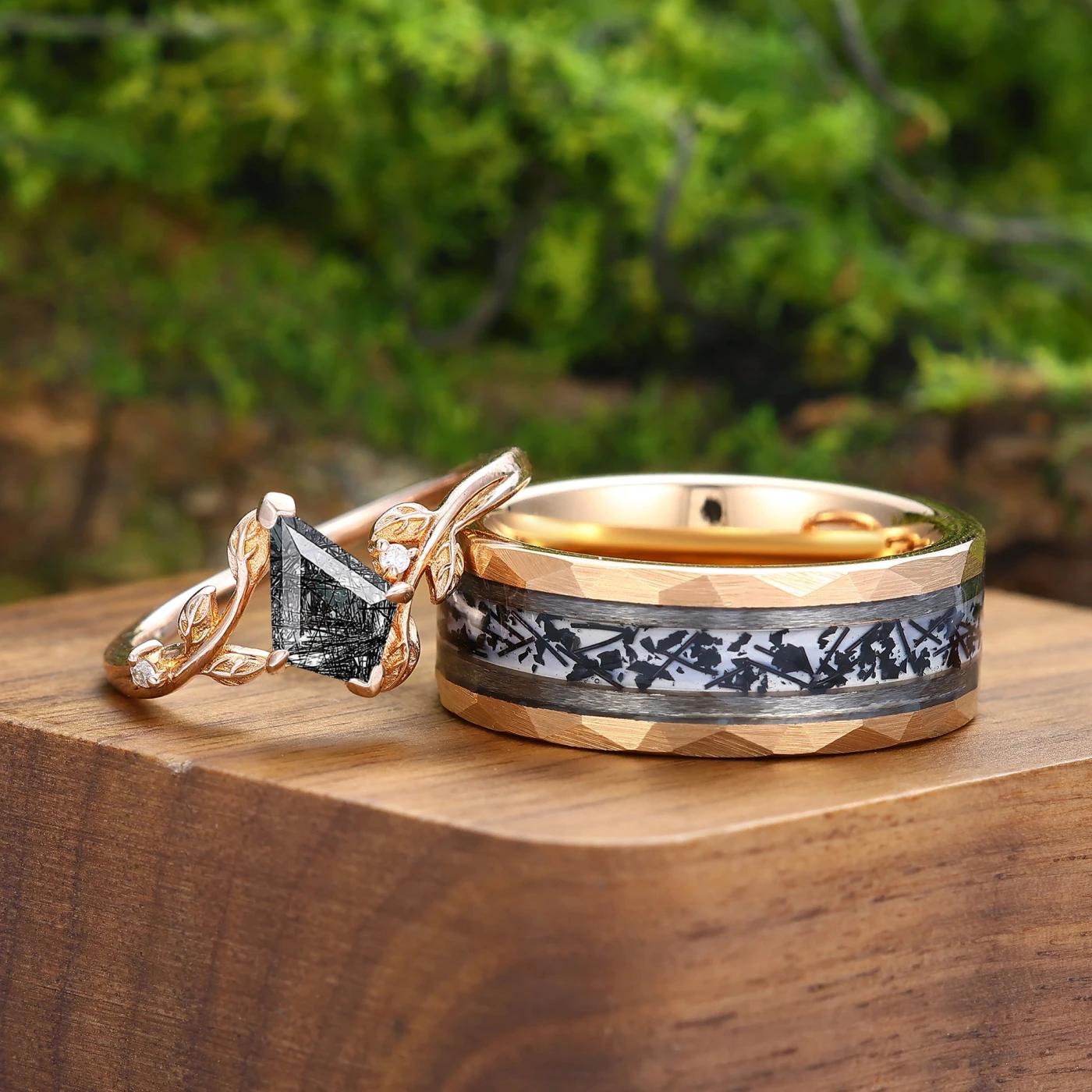 Kite Cut Natural Black Rutilated Quartz Leaf Couple Ring Set