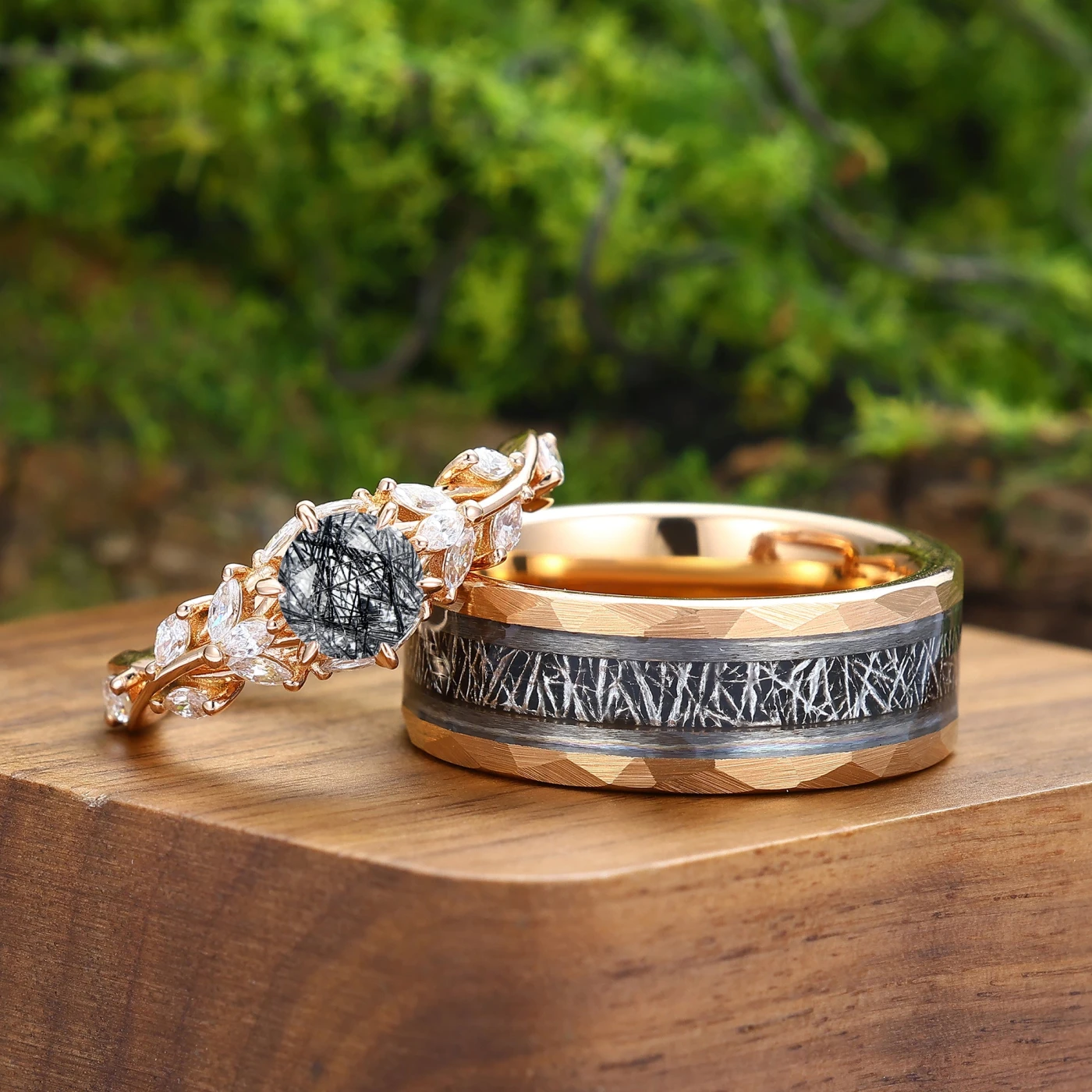 Nature Inspired Black Rutilated Quartz His and Her Rose Gold Couple Ring